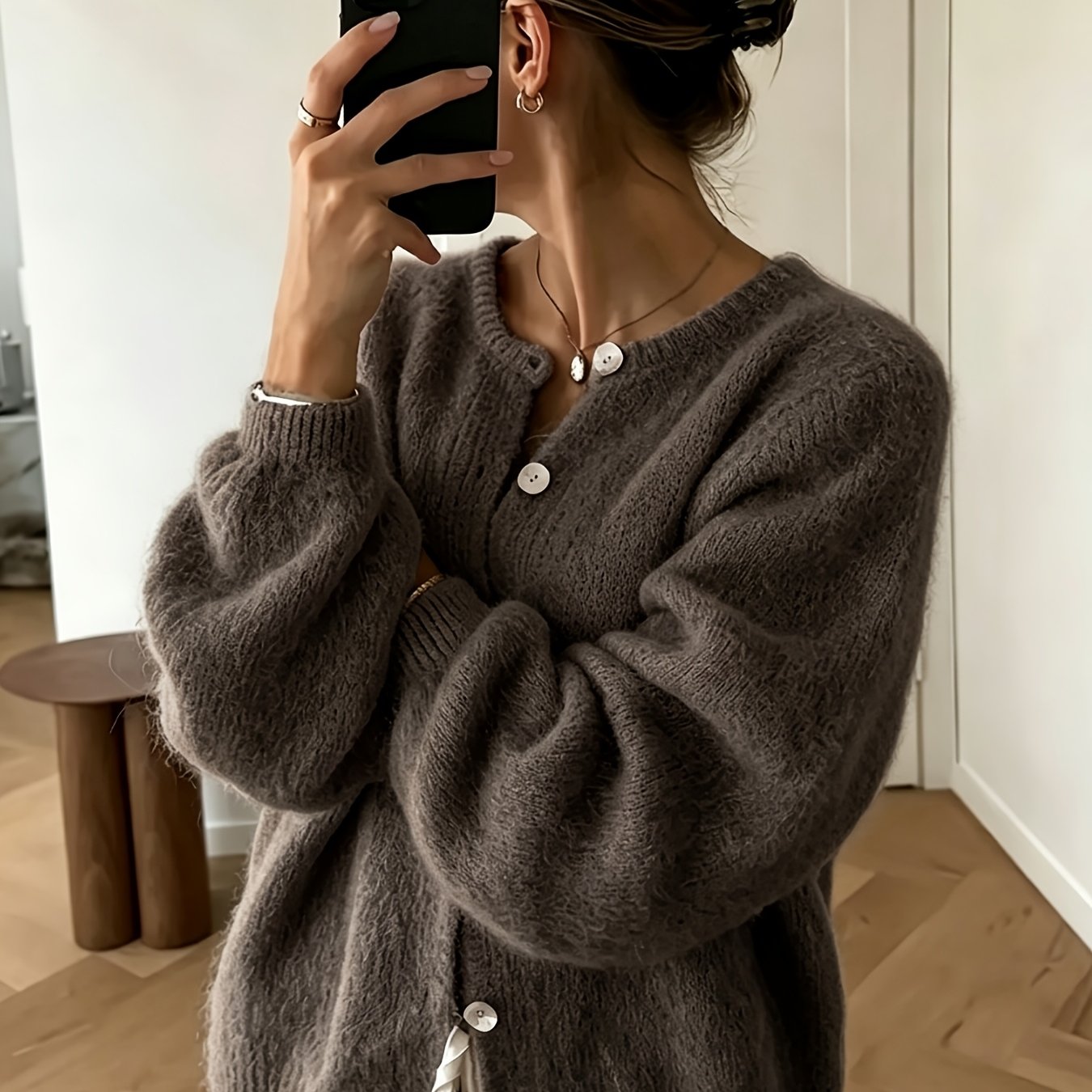 TEMU Gilet Premium Couleur Unie - Veste Pull à Manches Longues Col Rond, Haut Style Français, Vêtement d'Extérieur Polyvalent Chaud et Confortable
