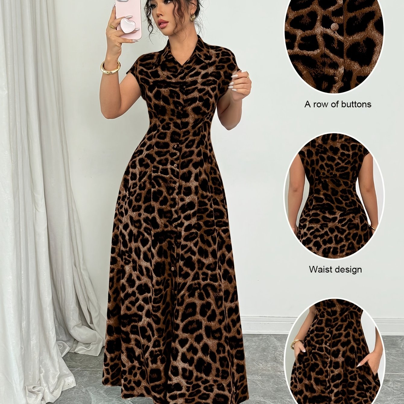 TEMU Women's Elegant Leopard Print Lapel Short Sleeve Waist-defining Button Front Dress