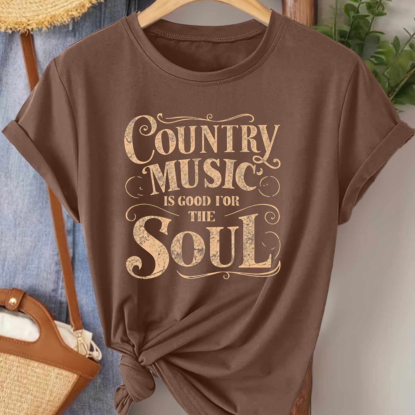 TEMU T-shirt élégant à manches courtes pour femmes, imprimé vintage de musique country, col rond | Confortable, , respirant, idéal pour , l'été et ,