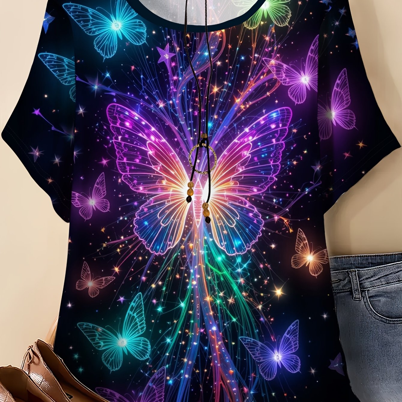 TEMU Plus Size, Plus Size Women's T-shirt Suitable For Casual & Elegant Wear, Stretch Round Neck Short Sleeve Blouse-compatible Top With Print |