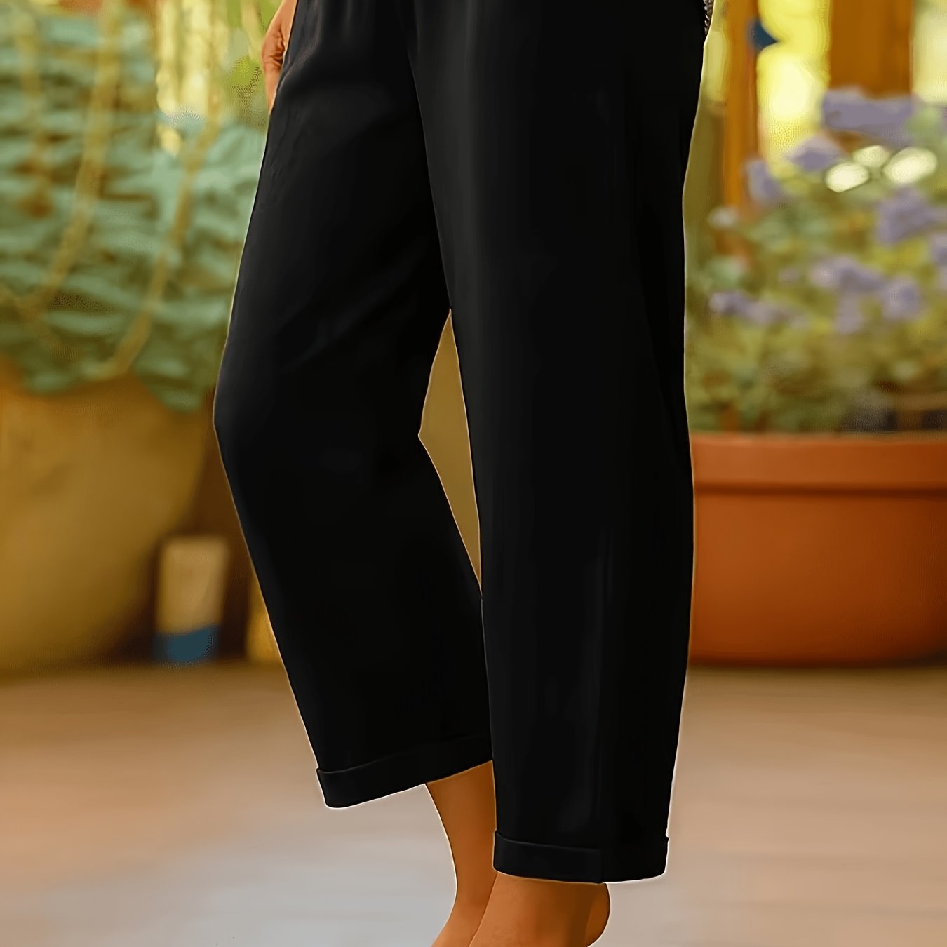 TEMU Plus Size, Women's Fashion Solid Color Slim-fit Stretch High-waist Ankle Pants, Suitable For , Casual Trousers, Machine Washable Fabric