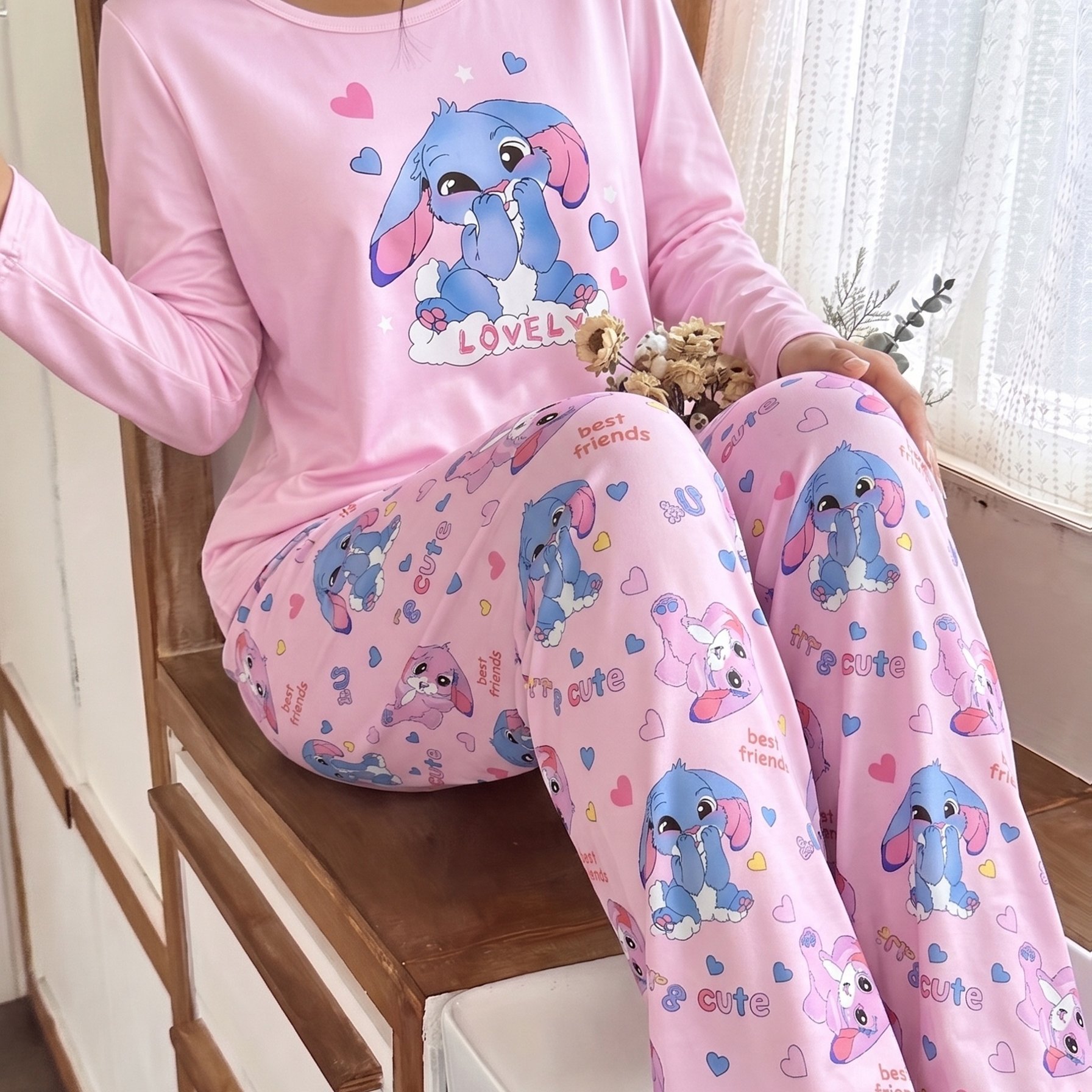 TEMU Women's Pink Cartoon Bunny "lovely" Letter Print Round Neck Long Sleeve And Print Cartoon Bunny Long Pants Autumn Winter Casual Pajama Set