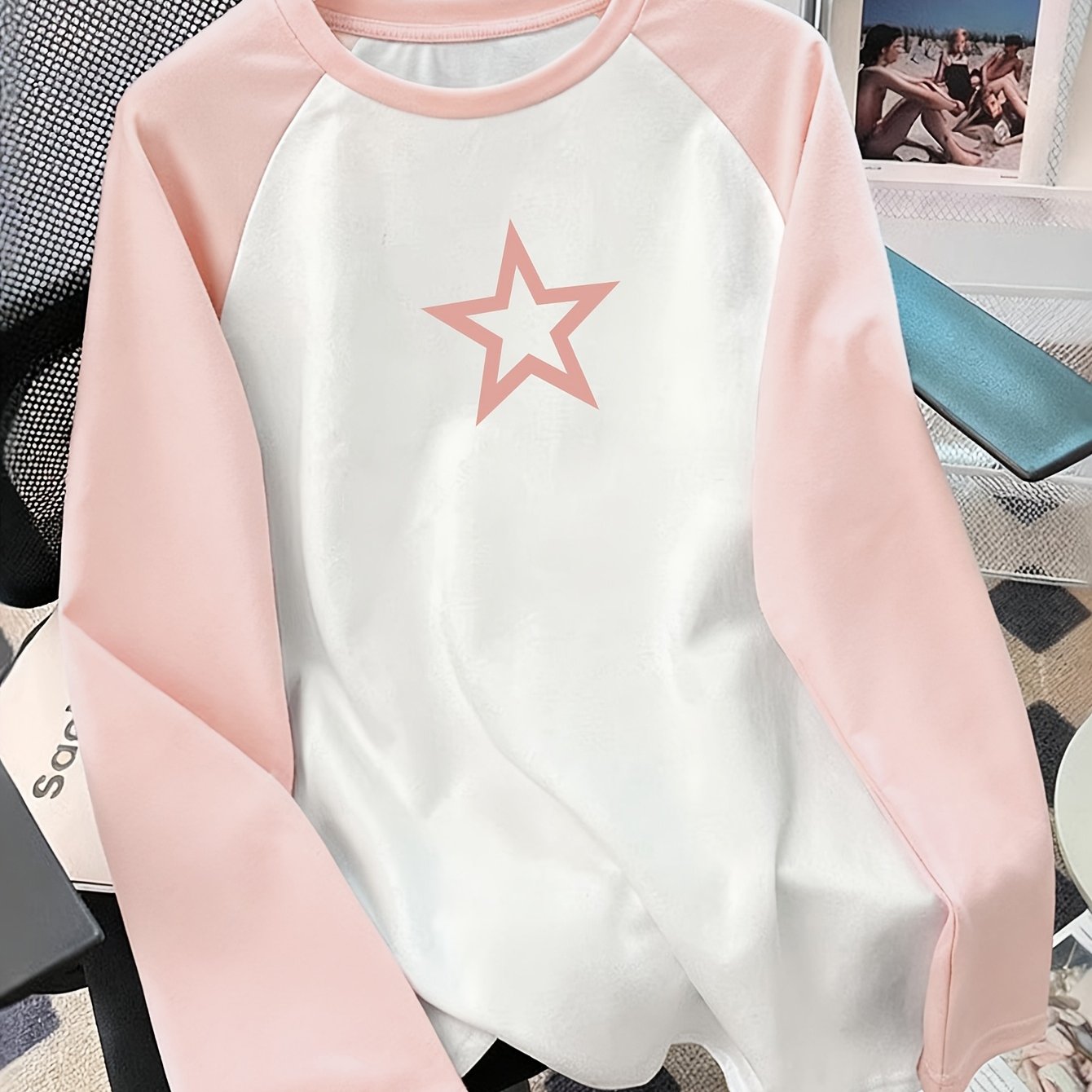 TEMU D89-spring Summer New Women's Casual Loose Color-block Long Sleeve Top, Easy Star Pattern Print, Korean Style Stylish Design Daily Versatile