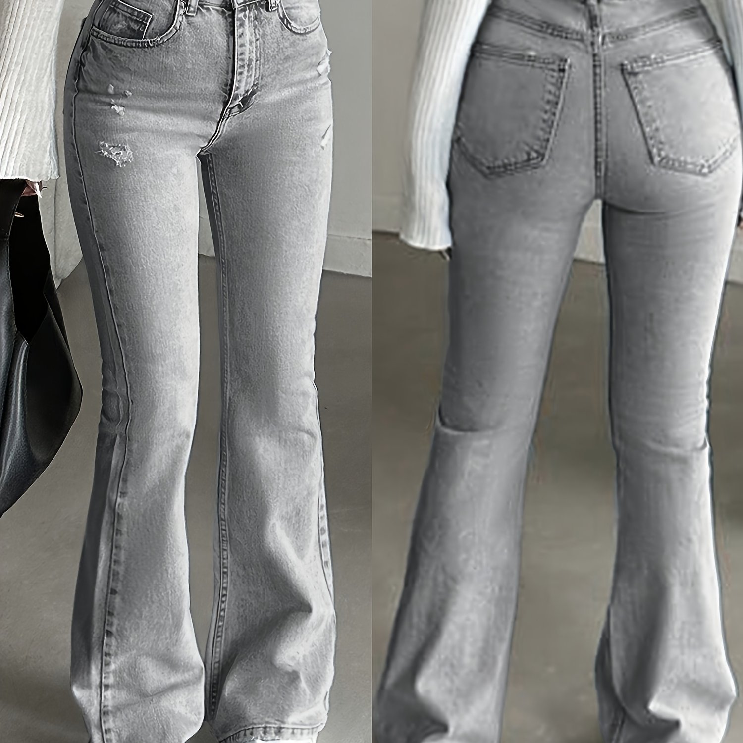 Image of Women's High-waisted Micro-flared Jeans, Light Gray Distressed Stretch Pants With Ripped Holes Design, Slim Fit, And Lengthening Leg Pants