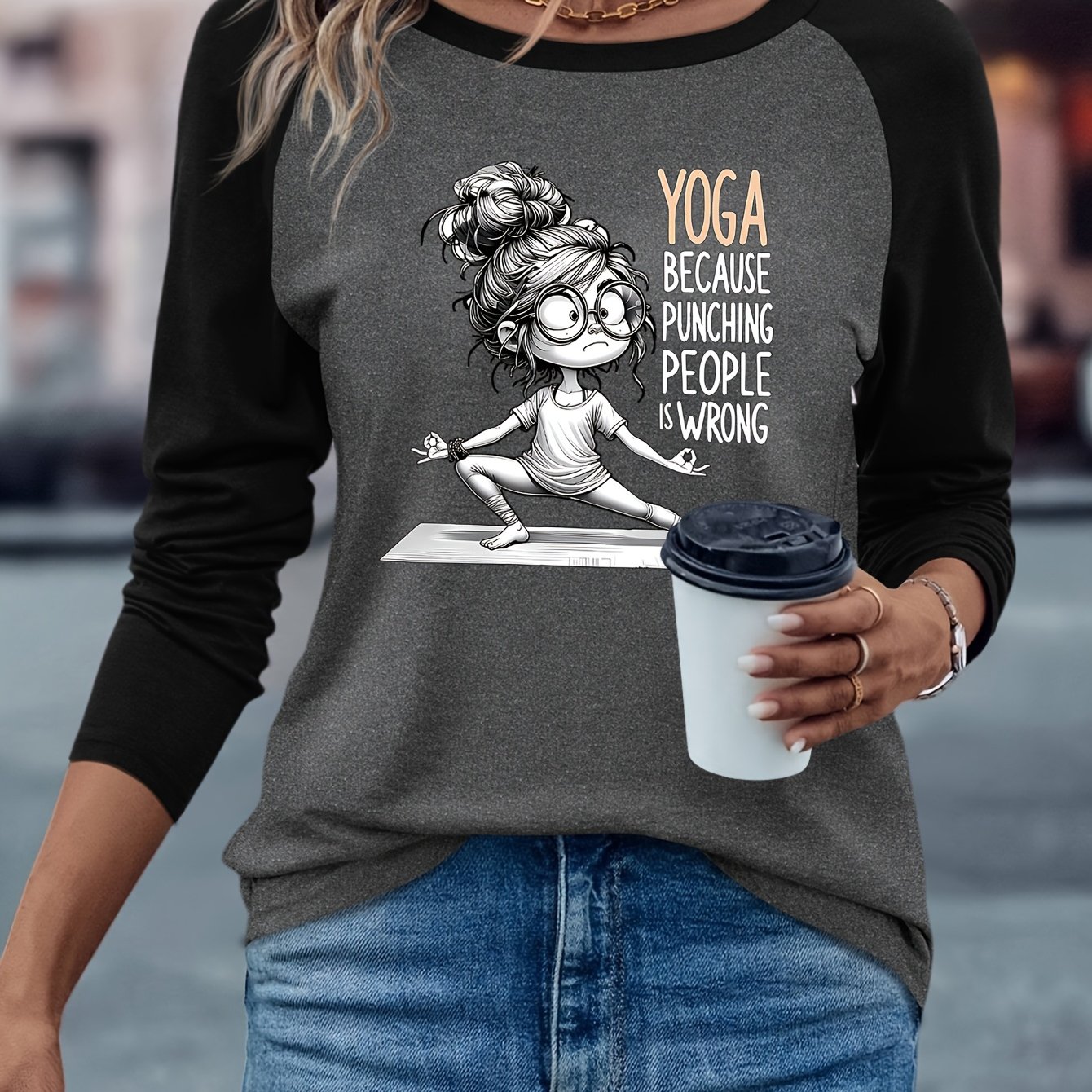 TEMU Cartoon Print European And American Women's Spring/summer Top, Daily Versatile Simple Comfortable Casual Contrast Color Round Neck Raglan Long
