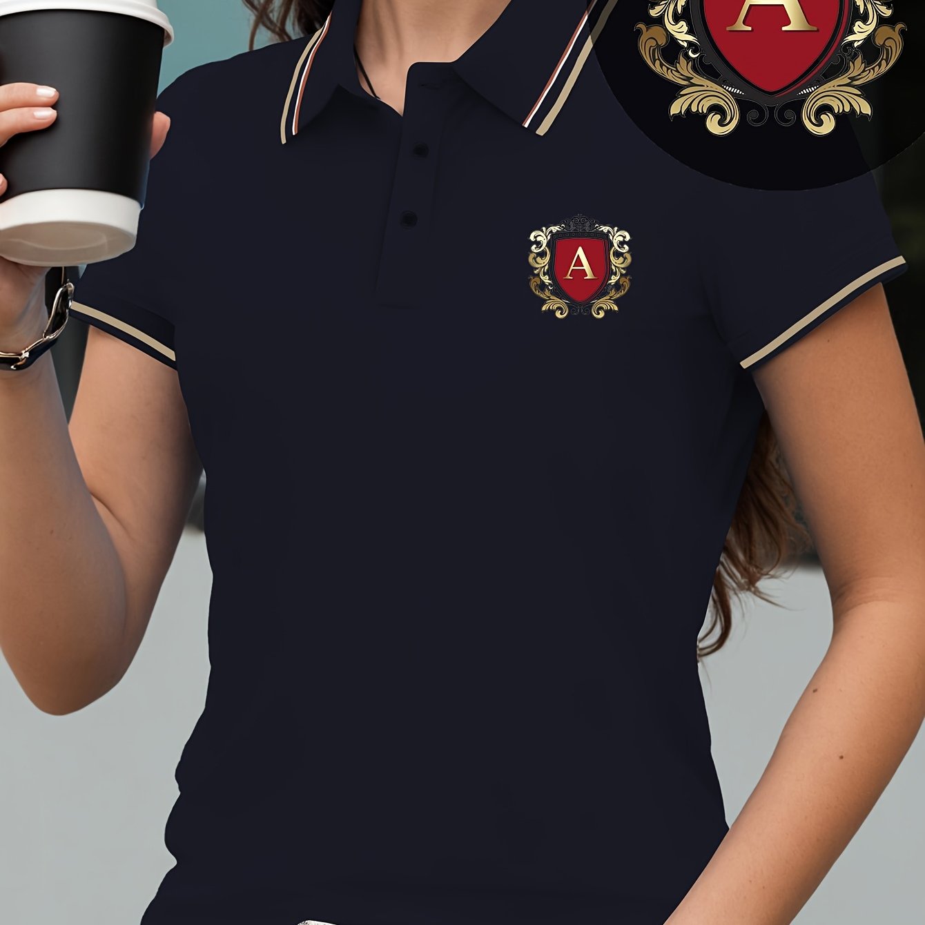 TEMU Polo Femme Manches Courtes, T-Shirt Imprimé Patch Lettre