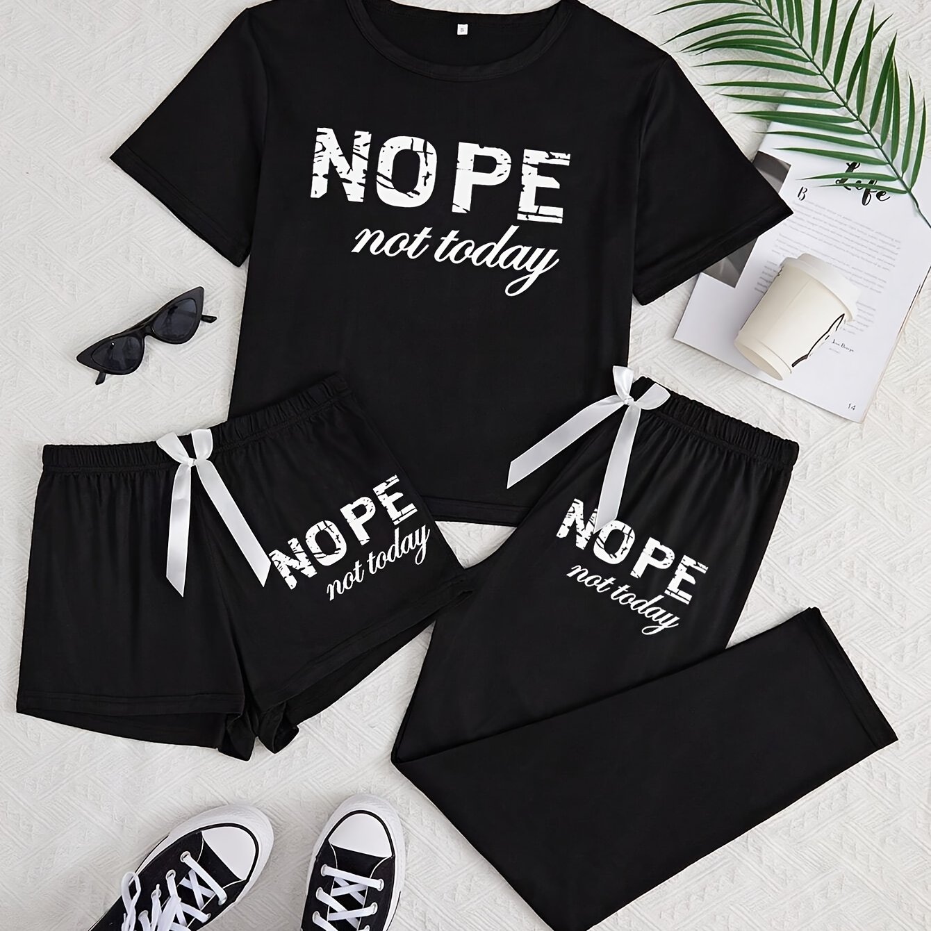 TEMU Women's Fashion Casual Letter And Slogan Pattern Printed T-shirt And Bow Decorated Shorts, Long Pants Three-piece Home Pajama Set