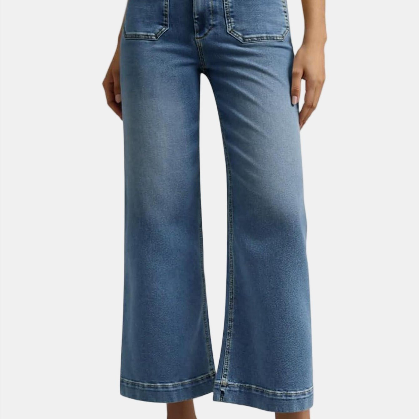Trendy High-waisted Wide-leg Jeans For Women, Featuring Stretchy Fabric, A Flared Design, Cropped Length, And Baggy Fit With Front Patch Pockets