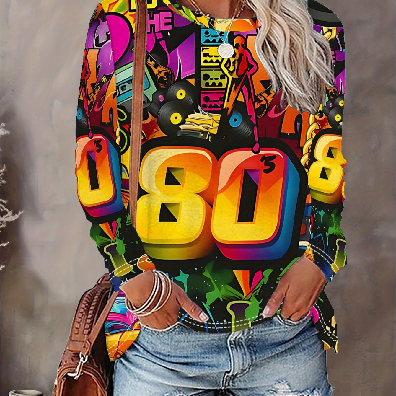 Image of Women's 80s Slogan Full-body Print T-shirt - Loose Fit Long Sleeve Top With 80s Outfit, Fabric Suitable For 80s Themed Parties, 80s Costume & Casual Wear (vibrant 80s Colors)