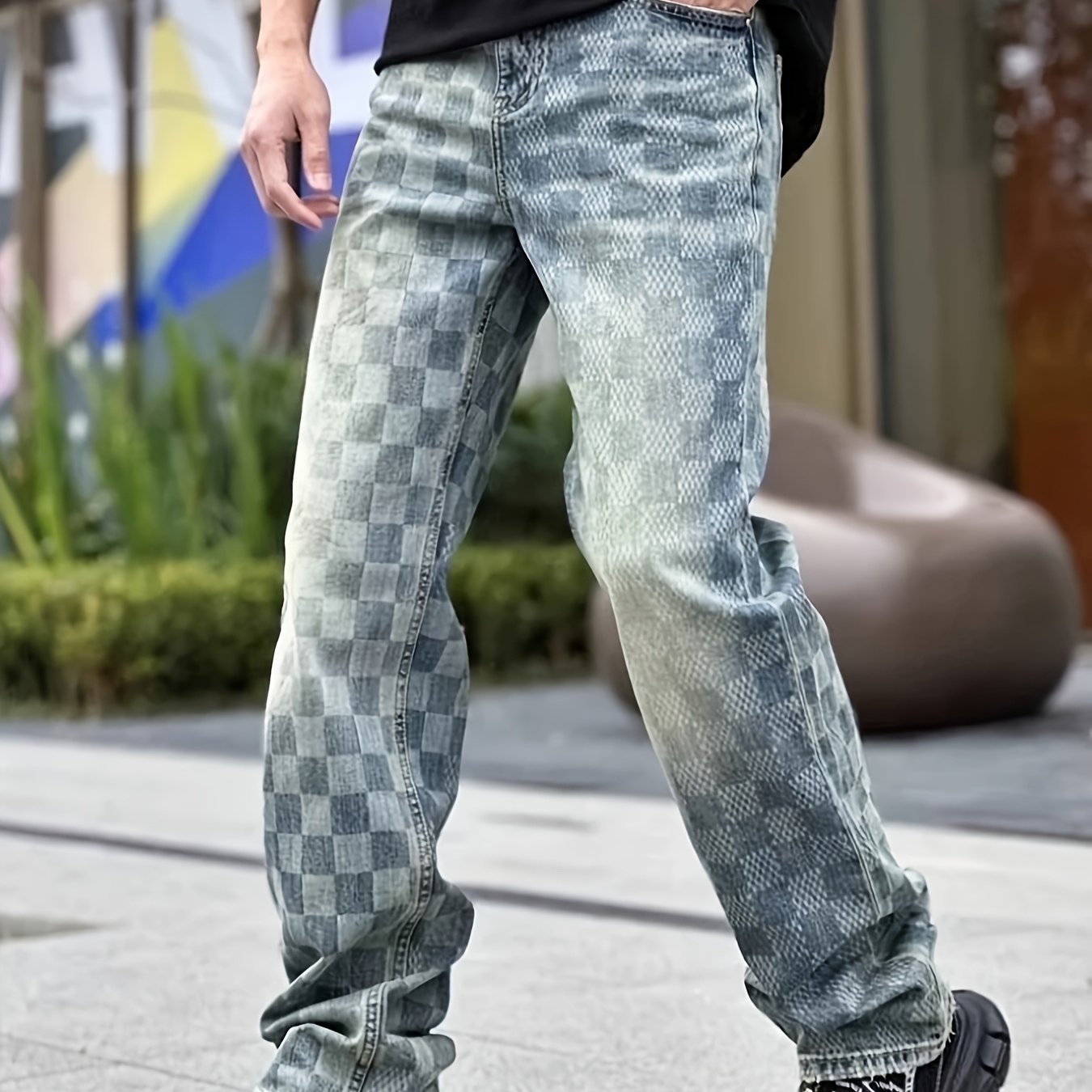Are Slim-fit Men's Jeans In Light With Plaid Patterns. Are Stretchy, Machine Washable, And A Must-have Trendy Item In