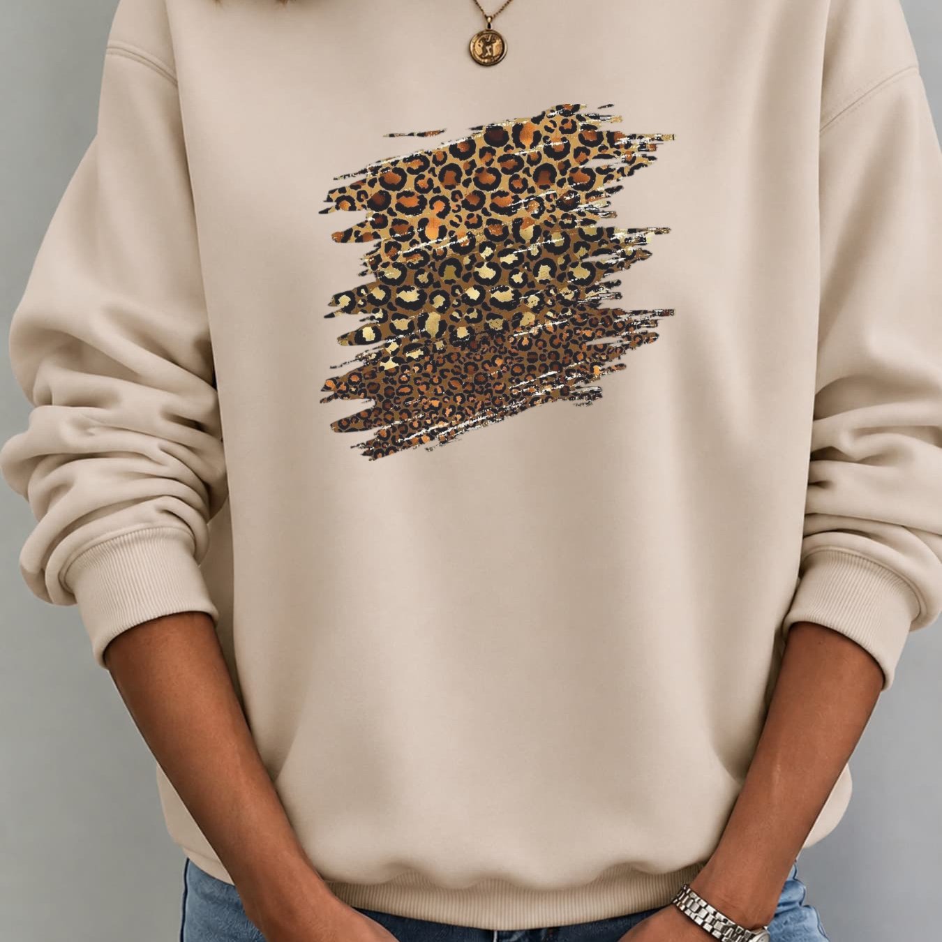 Image of Autumn Winter New Fleece Hoodie For Women Leopard Print Loose Fit Casual Pullover Sweatshirt Crew Neck Top