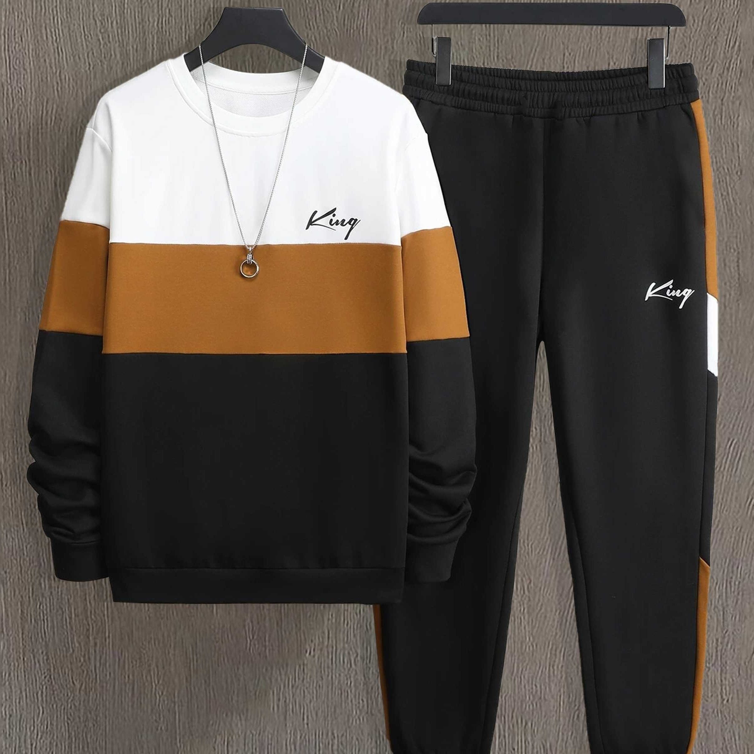 TEMU A Set Of Men's Color- Sportswear For Spring And Autumn, Featuring A Casual Print Long-sleeve Crew Neck Sweatshirt And Drawstring Jogger Pants.