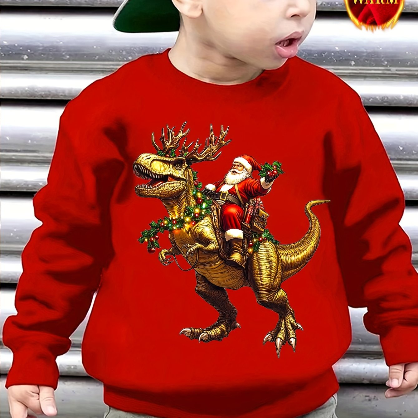 TEMU 1pc Chicfull Christmas Red Crewneck Sweatshirt For Boys, Casual Polyester Dinosaur & Santa Print, Warm Plush Lined Pullover, Animal Pattern