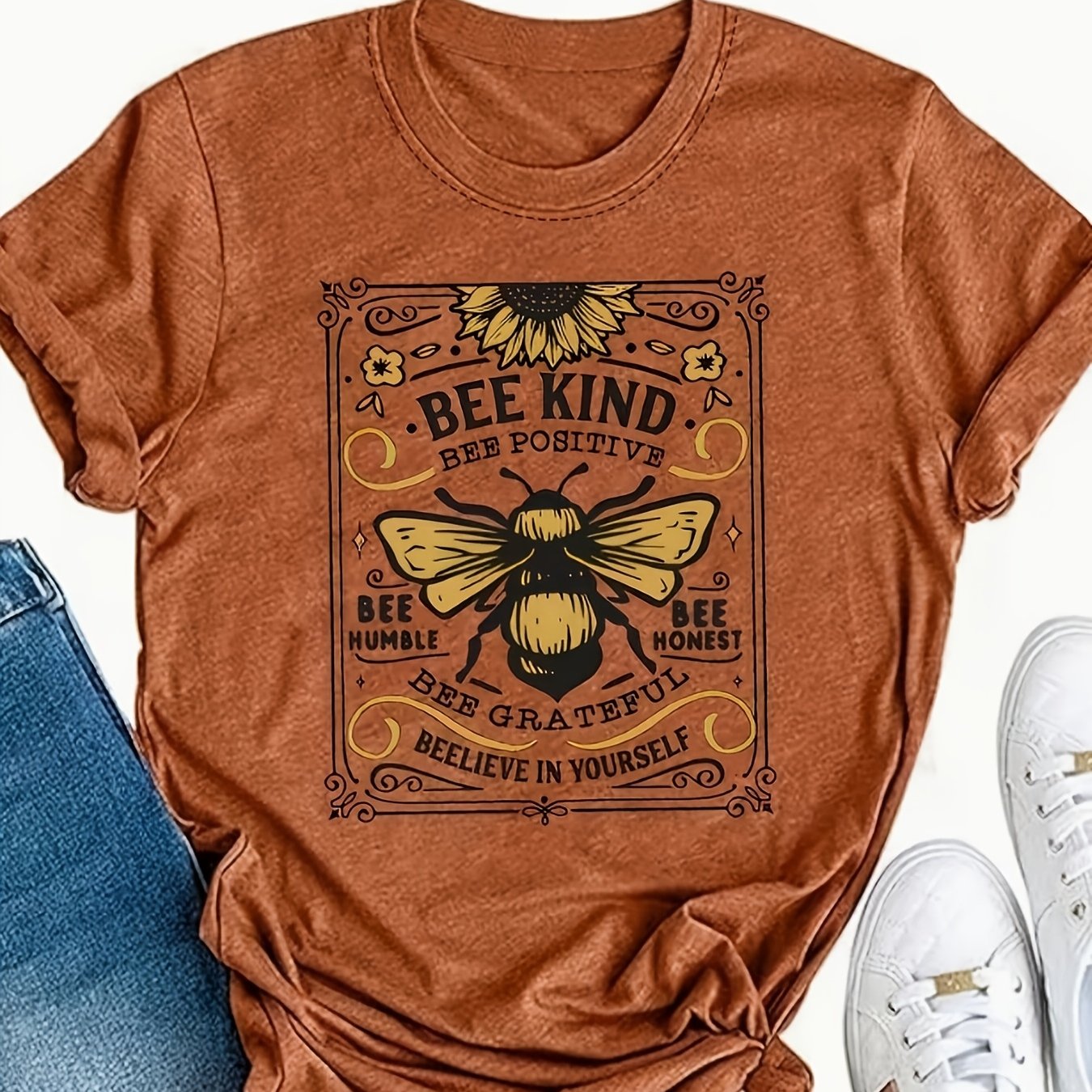 TEMU Women' Kind Bee Bee Grateful T-shirt - In Yourself Slogan, Round Neck Short Sleeve Casual Top, Machine Washable Breathable Spring Summer Casual