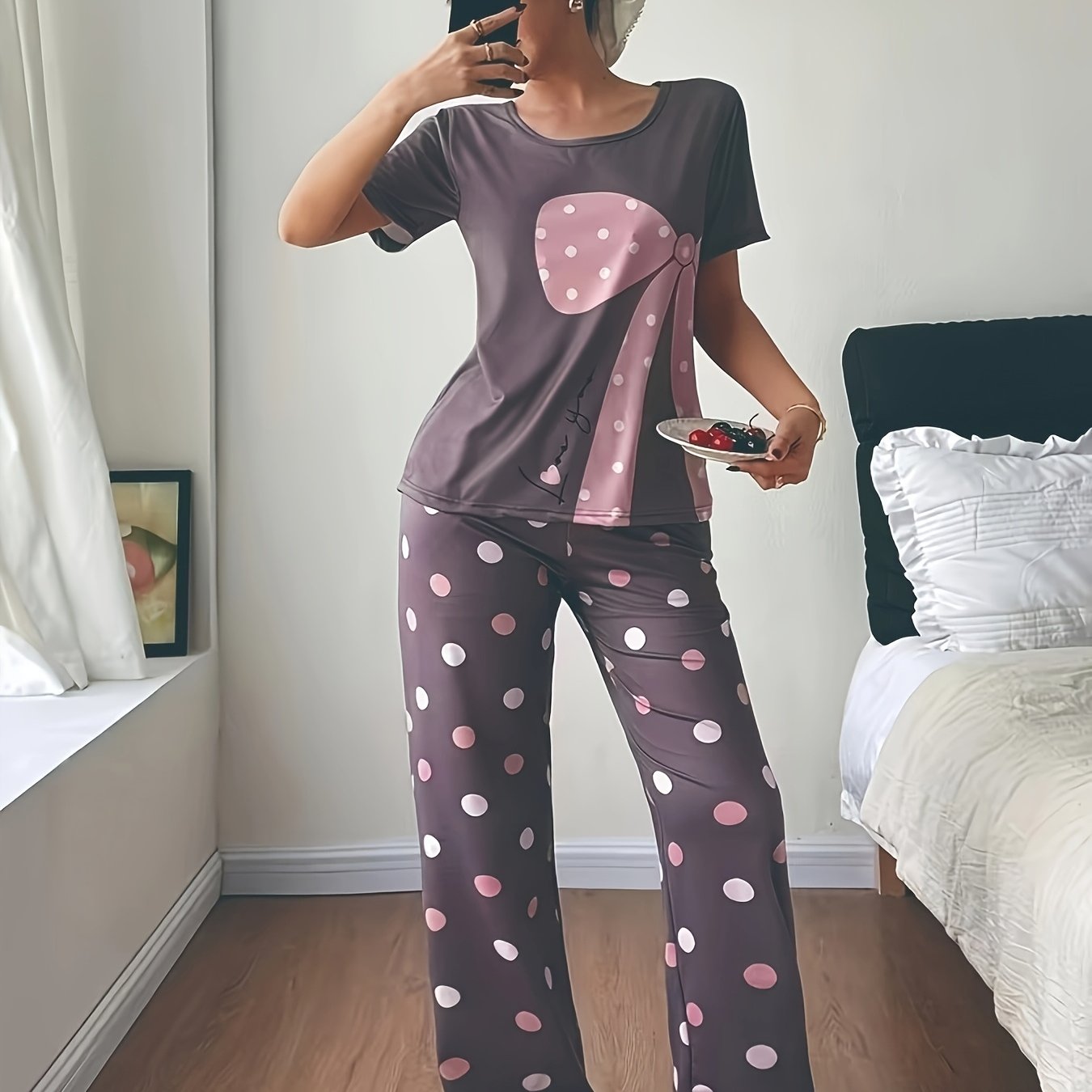 TEMU Women's Pajamas And Loungewear. Comfortable Round-neck Short Sleeve Top And Printed Long Pants Are A