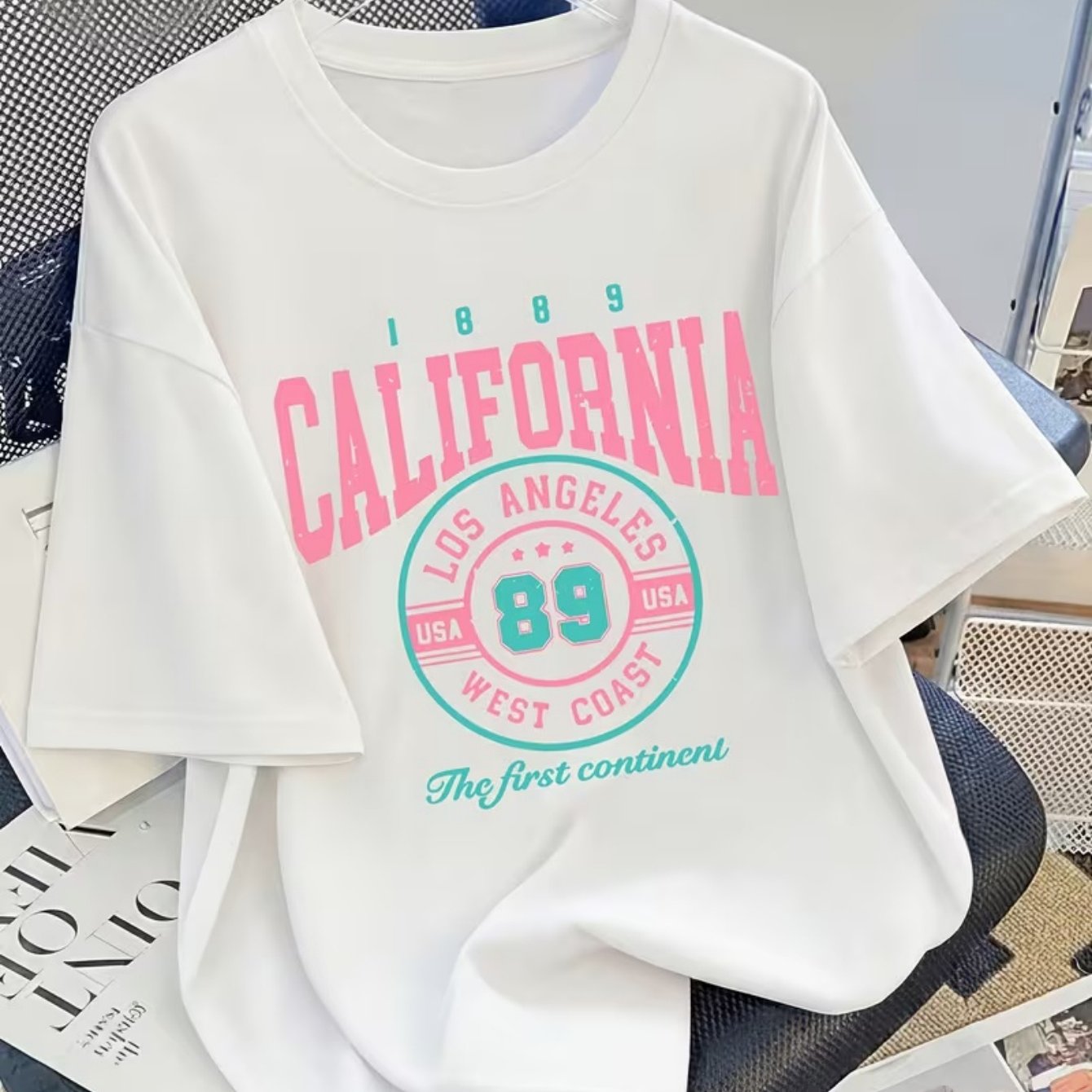 TEMU Women's Retro California Los Angeles 89 Oversized T-shirt, Vintage Varsity Letter Print Tee, Casual Crewneck Short Sleeve, Trendy & Summer Vibe