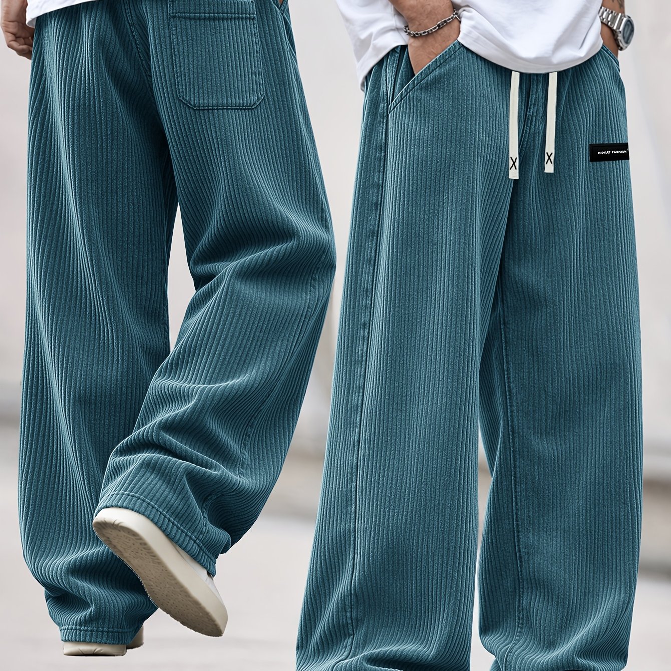 TEMU Trousers For Men High Quality | Men's Fashion Loose Fit Vertical Stripe Corduroy Elastic Waist Casual Pants, Adjustable Drawstring Vintage