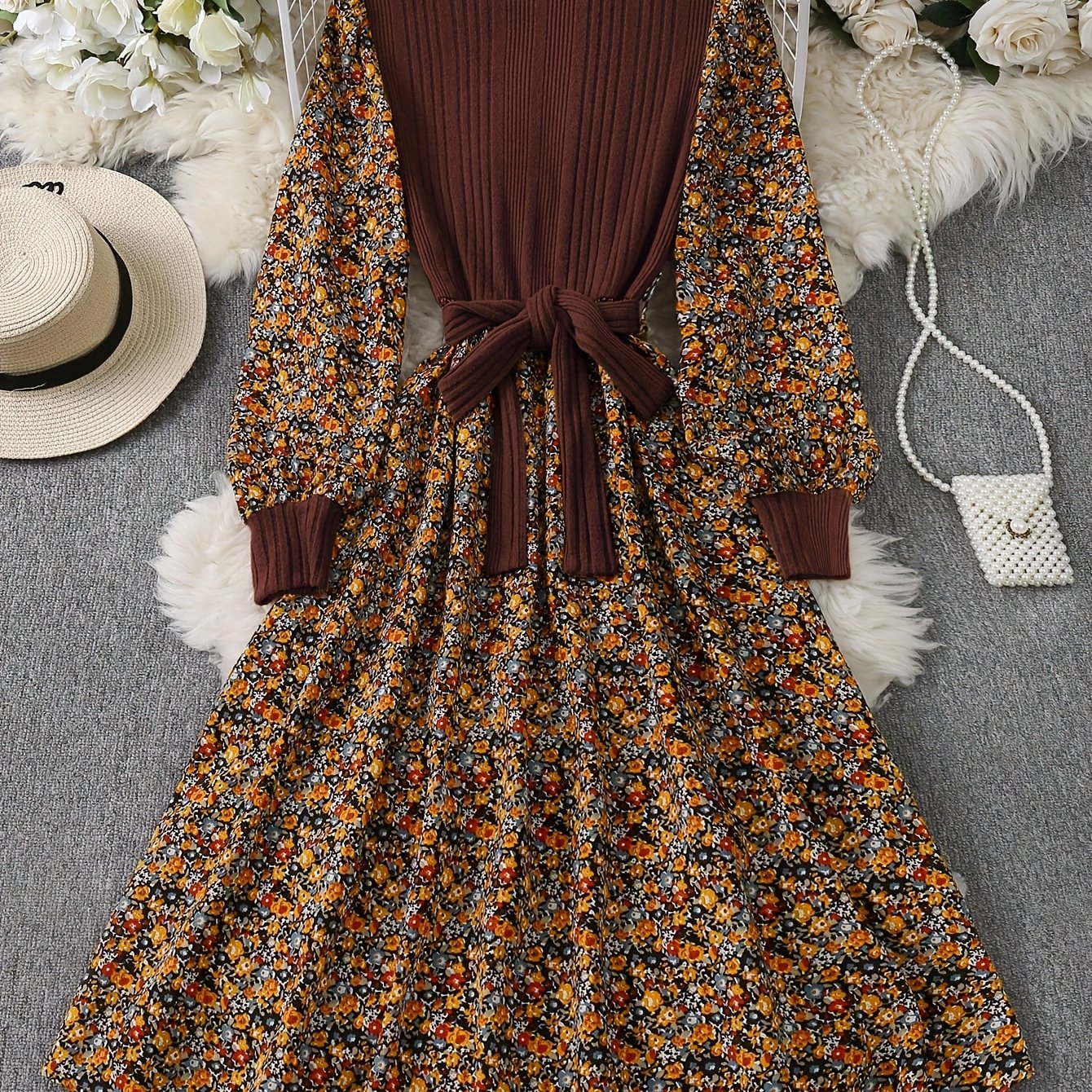 TEMU Robe à manches longues pour femmes, imprimée en patchwork, avec ceinture