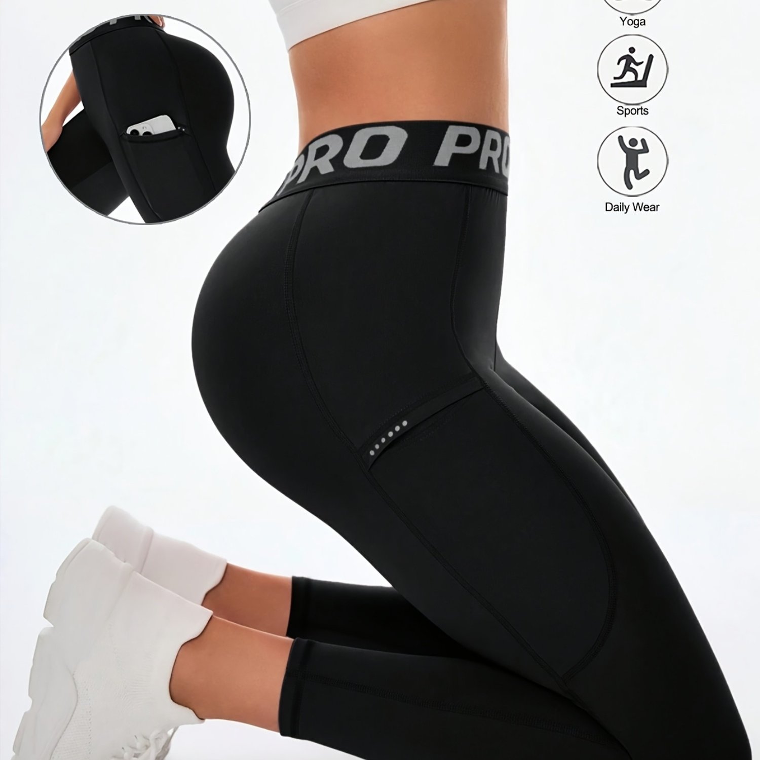 E-shop 1 Stück Damen Fitness Yoga Leggings Hohe Taille Buchstabenbund Reflektierende Punkt Seitentasche Enganliegend Geeignet für Sport Fitness Yoga