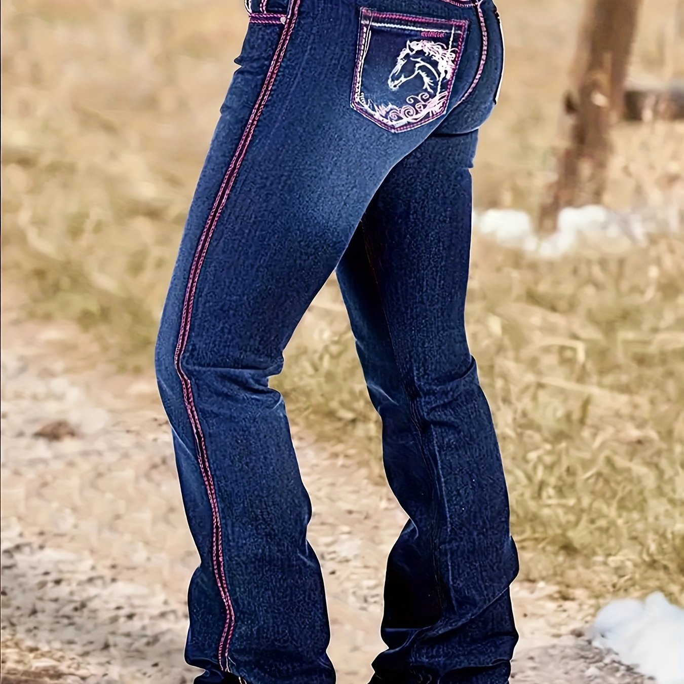 TEMU Hme Autumn/winter New Arrival - Women's Color-block Embroidered Flared Jeans, & -lifting, Wear, Vintage Versatile Trendy Denim Pants (no Belt)