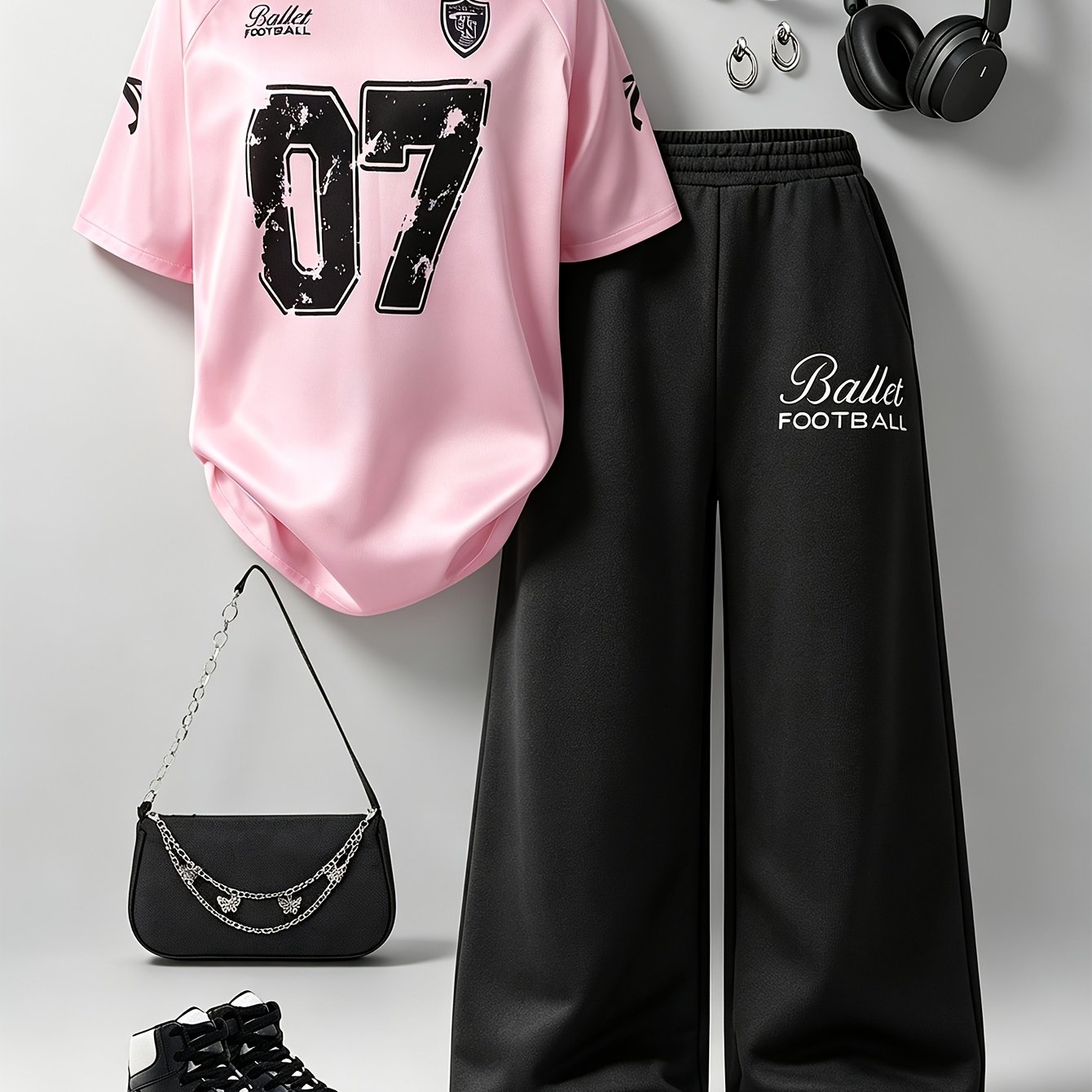 Image of Teen Summer Casual Athletic Style Set, V-neck Print Loose Top And Versatile Long Pants, Suitable For Sweet , For Outdoor