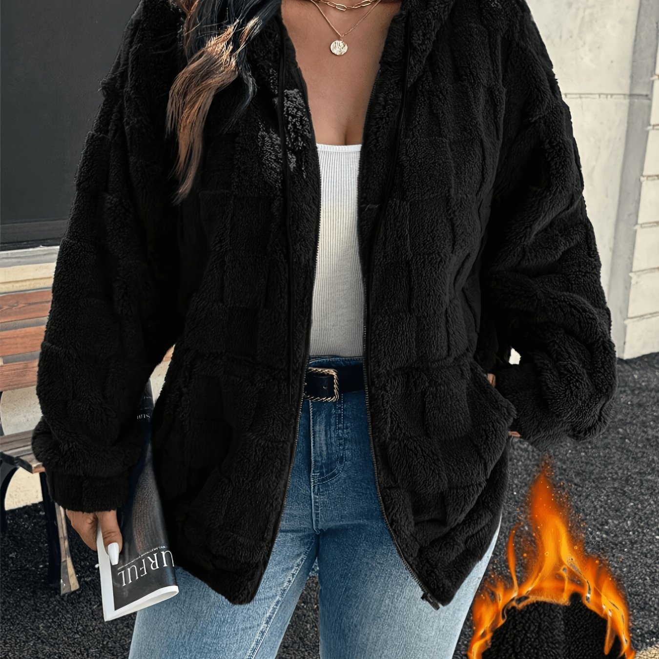 TEMU Plus Size, Women's Plus-size Double-sided Teddy Jacket - Zip-up Hooded With Pockets, Warm Winter Outerwear Suitable For Autumn/winter, Machine
