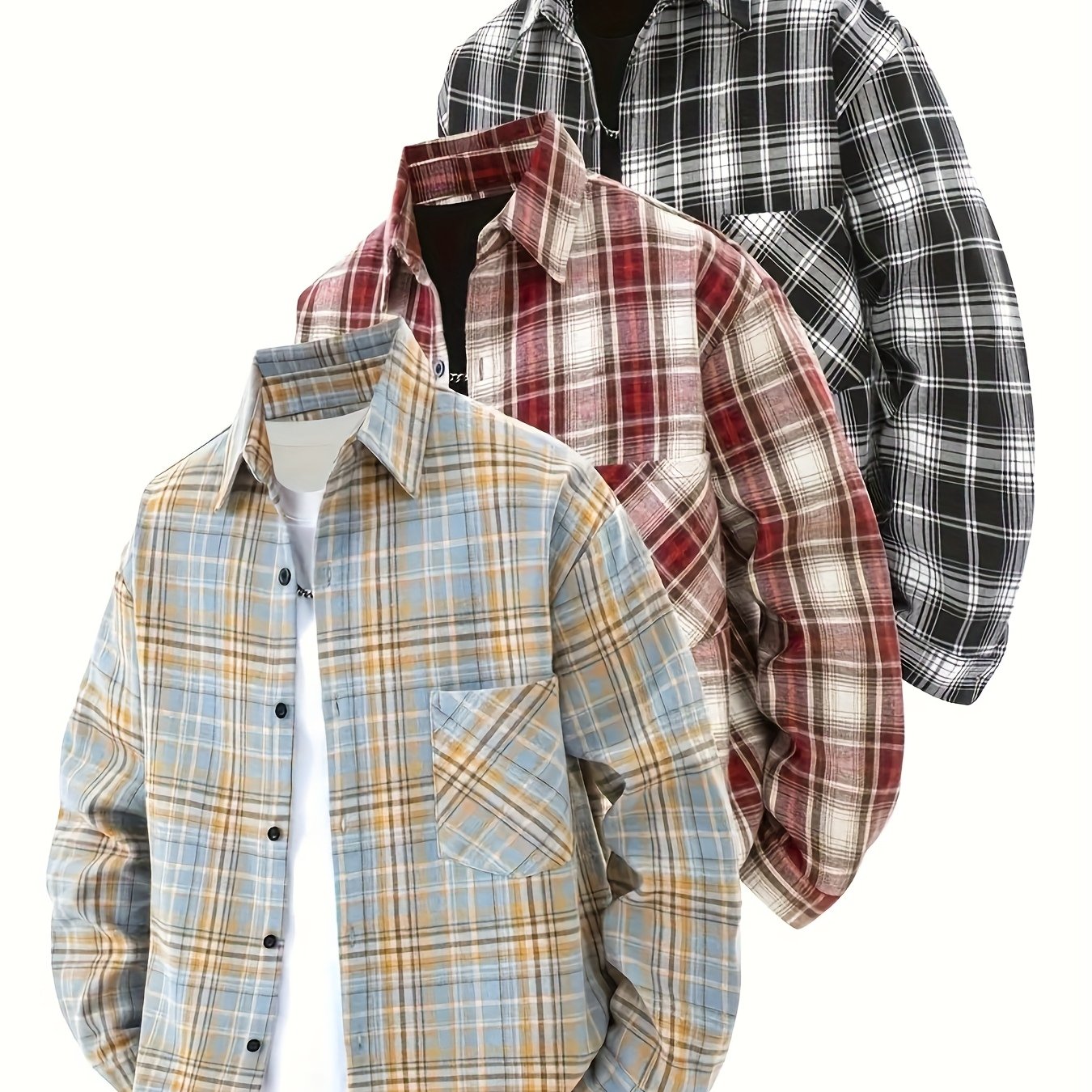 TEMU 3pcs Unisex Retro Casual Shirt Jacket Coat, Fashionable Minimalist Turn-collar Plaid Pattern Loose Fit Shirt With Set, Versatile Outdoor Wear