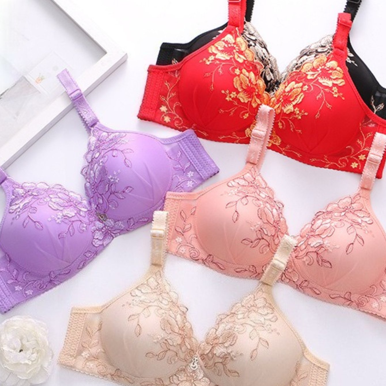 5pcs Elegant Floral Lace-trimmed Push-up Bras Medium Support, Non-removable Pads - Black, Red, White, And Apricot Floral Patterns, Comfortable Everyday Bras|floral Pattern Bra|underwire Bra