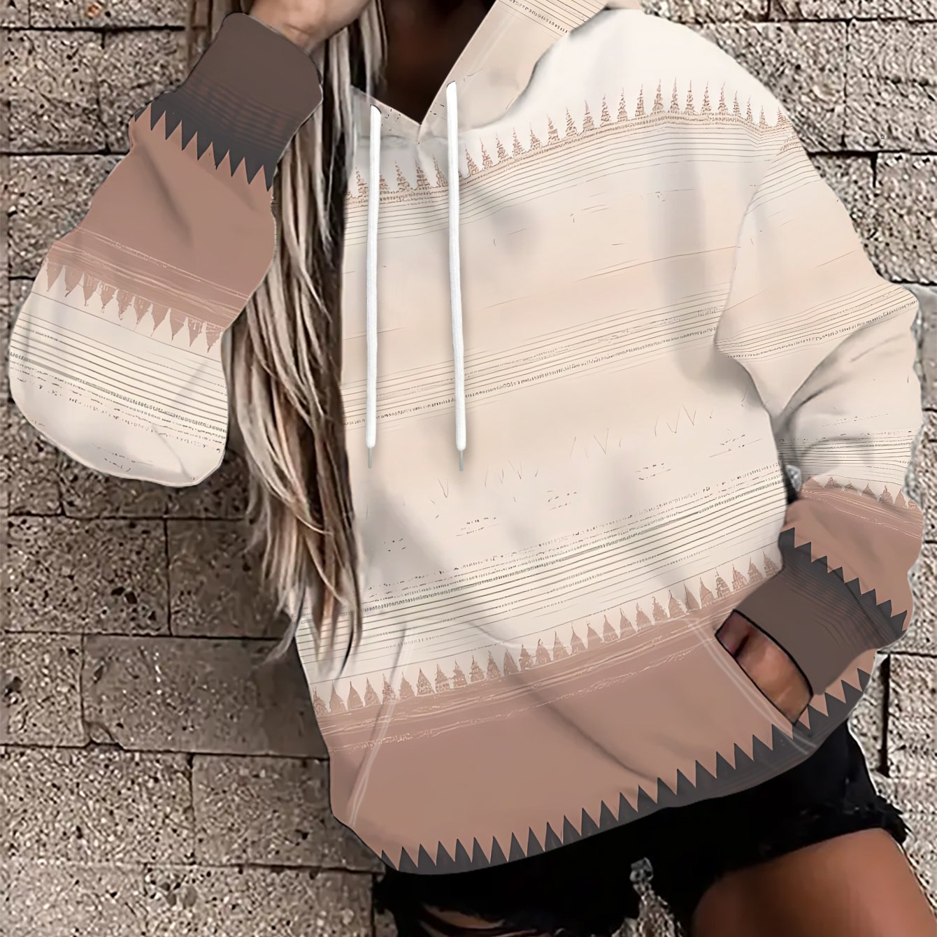 TEMU Women' Brown Gradient Hooded - Stretch Pullover Hoodie With Front Pocket & Geometric , Machine Washable Casual Sportswear Suitable For