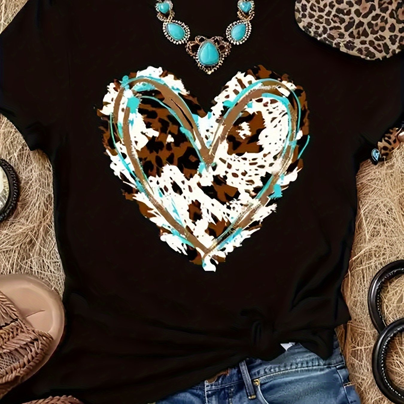 Fashion Pattern Print Crew Neck T-shirt, Short-sleeved Casual Women's Tops, Suitable For Summer And Spring, Women's Clothing