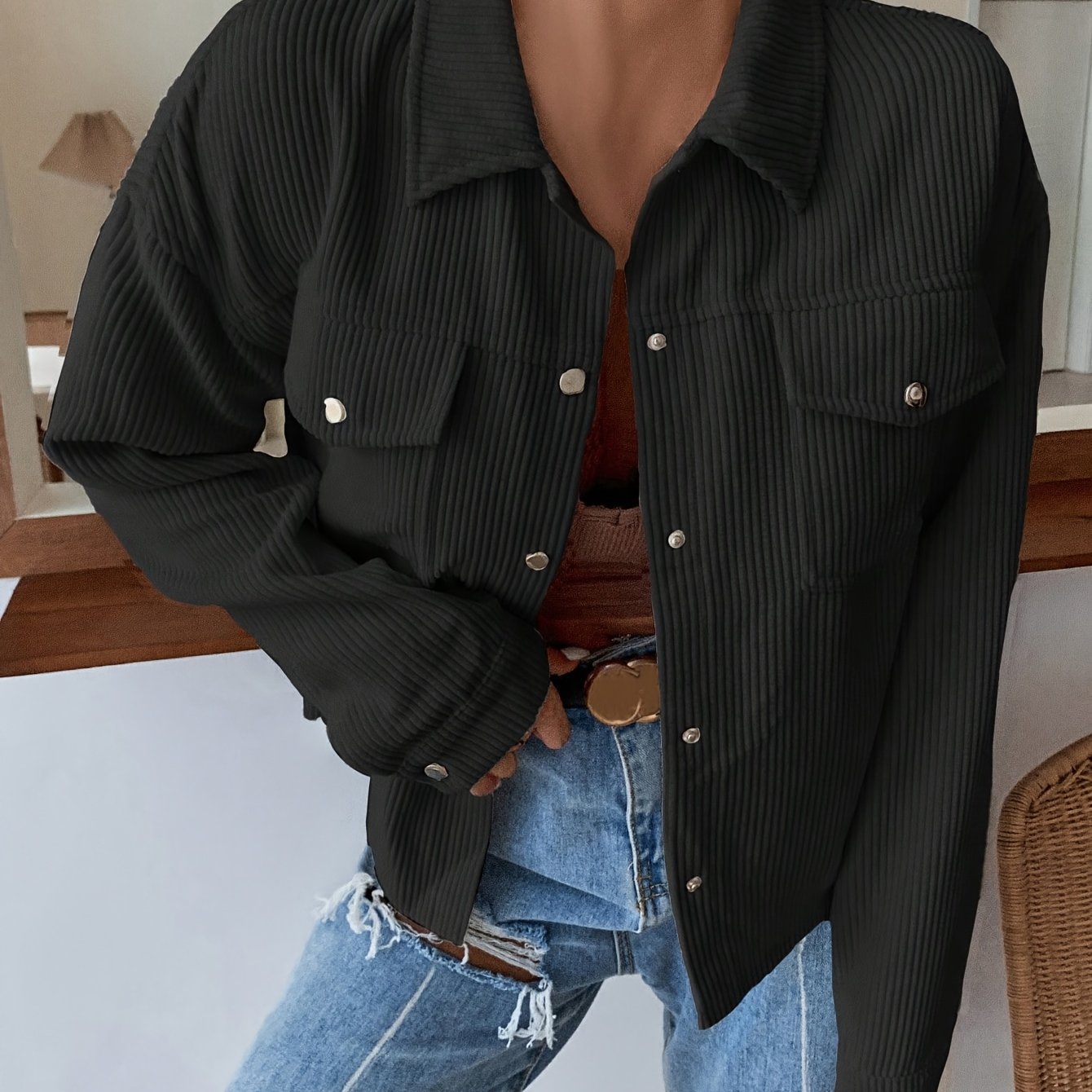 New Autumn-winter Women's Trendy Corduroy 100% Solid Pocket Lapel Design Fashionable Elegant Casual Jacket
