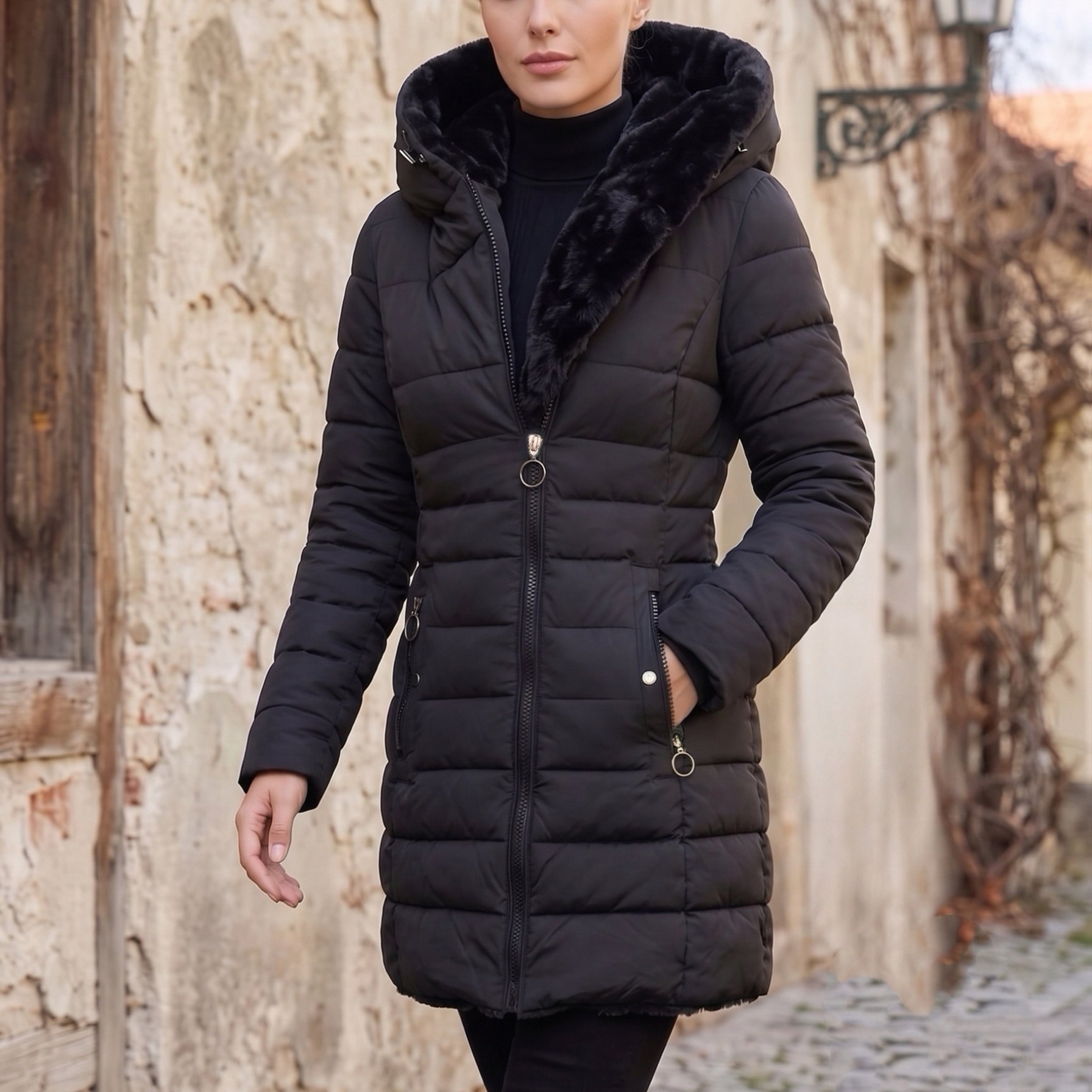TEMU Women's Elegant Black Full-zip Winter Jacket With Plush Collar & Zippered Pockets - Machine Washable Blazer Suitable For Fall, Spring Layering,