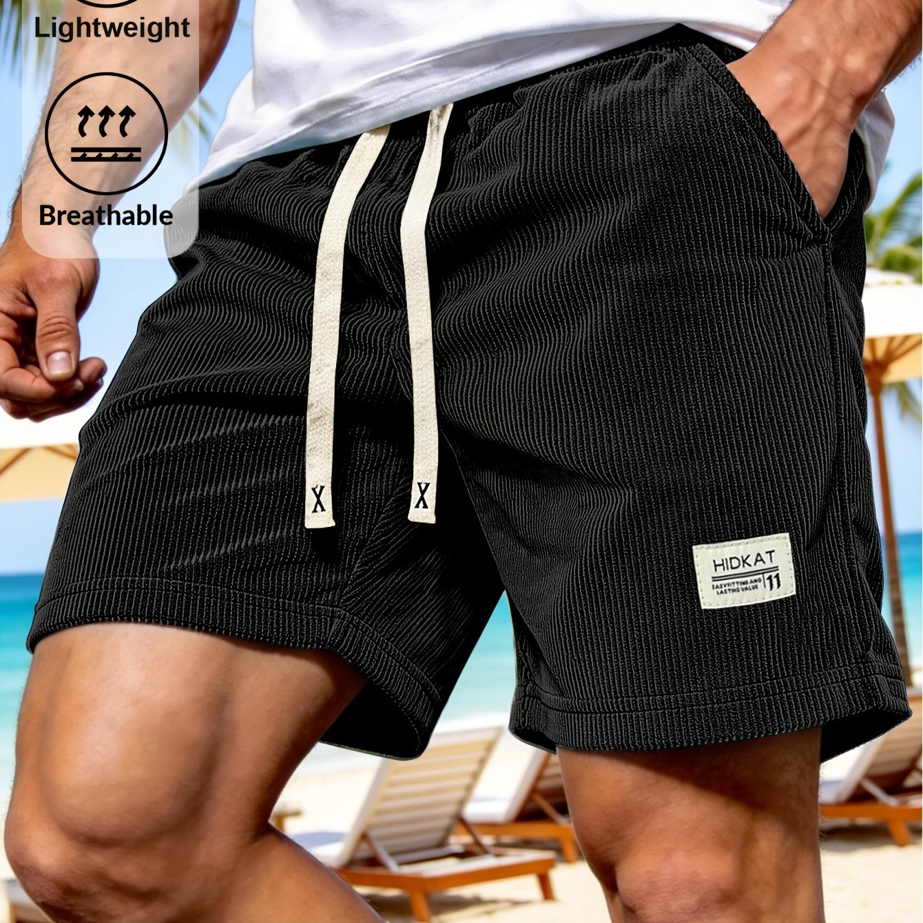 TEMU Men's Cargo Casual Beach Corduroy Shorts, Drawstring Waist Straight Texture Elastic Pockets, Summer Seaside Vacation Sports Fitness Outdoor
