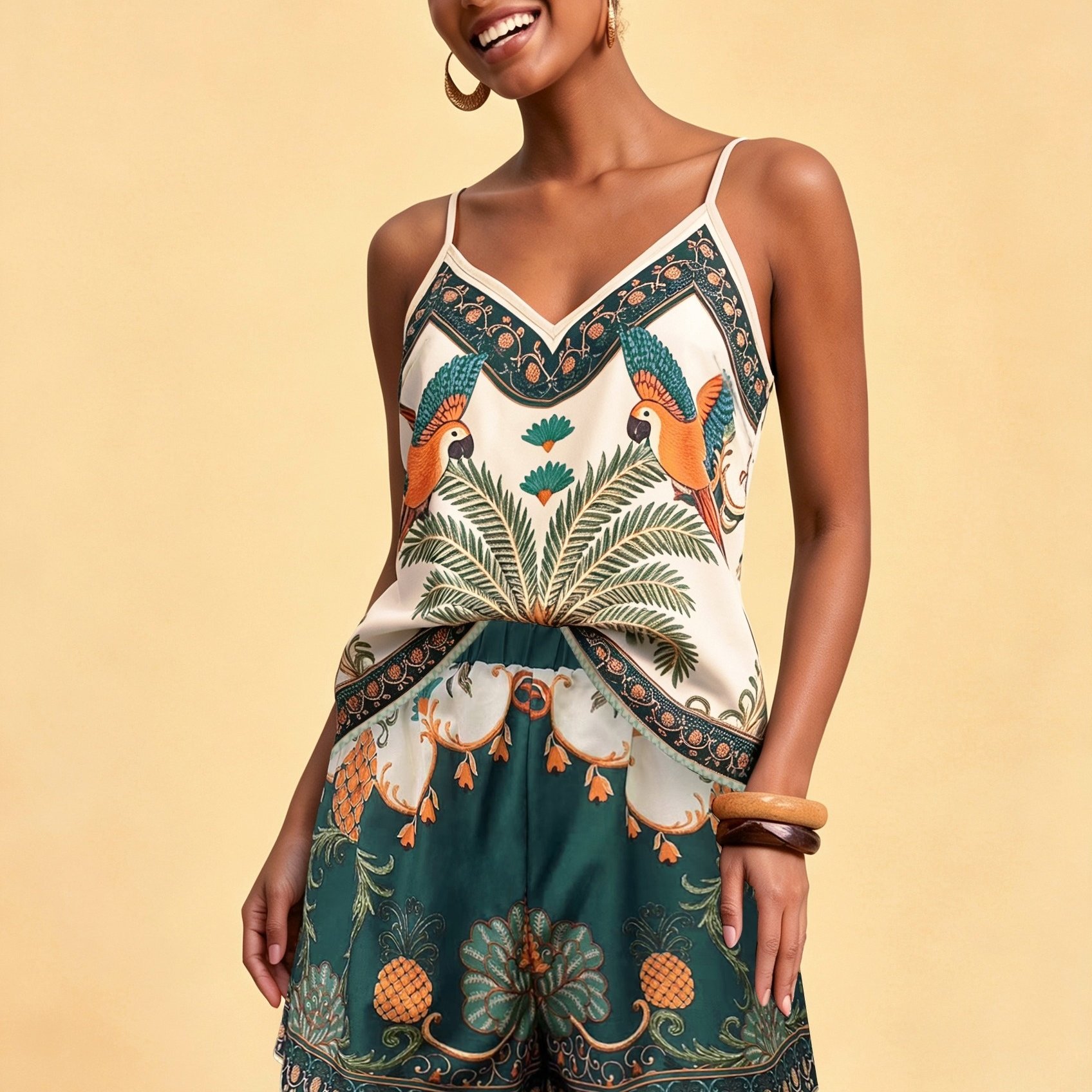 Women's Floral Print Camisole And Shorts Set, Suitable For Spring And Wear