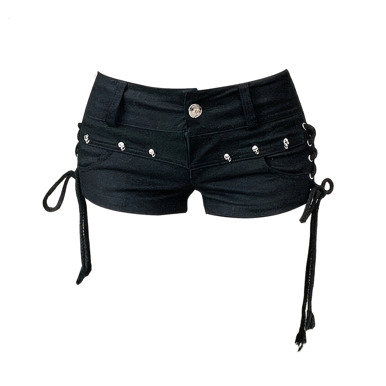 Image of Women's Gothic Y2k Black Denim Shorts, Skull Rivet Decor, Side Lace Up Adjustable Ties, Slim Fit Hot Pants For Streetwear