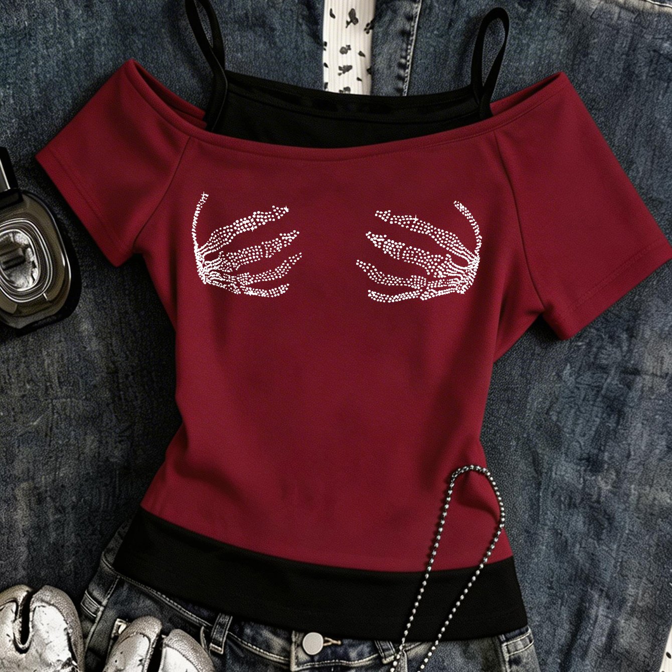 TEMU Y2k Retro Asymmetrical Off-shoulder Two-piece Short Sleeve, Contrast Camisole Layering Top, Street Style, Hot Aesthetic, Summer Versatile Basic