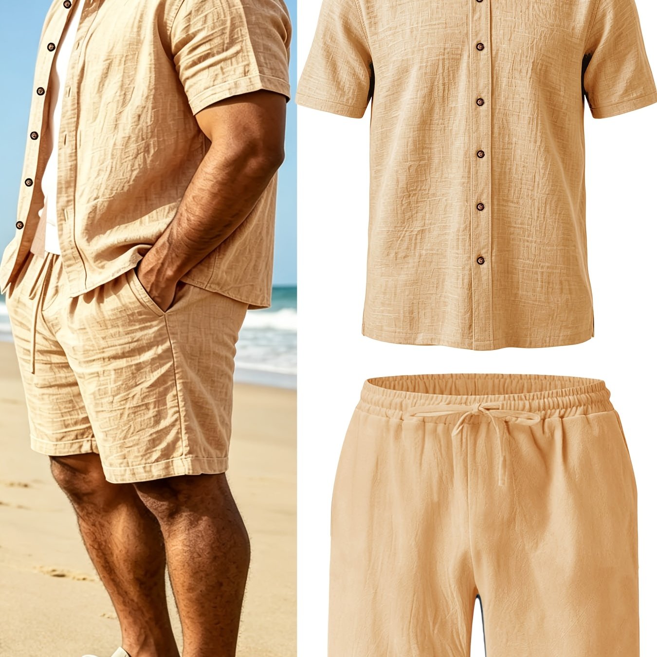 TEMU Men's Linen Set: Short-sleeve Shirt + Shorts 2pcs Set, New Summer Style, Collar, Solid Color, Breathable, Casual, Collar T-shirt, Outdoor