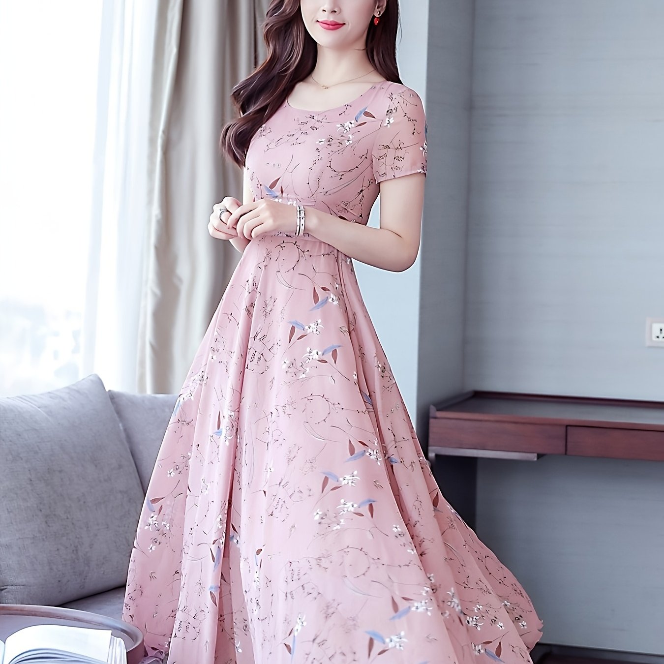 TEMU Dress Plus Szie Yellow Retro Dress Long Dress Printed Dress Slim Fit Casual Dress Woman
