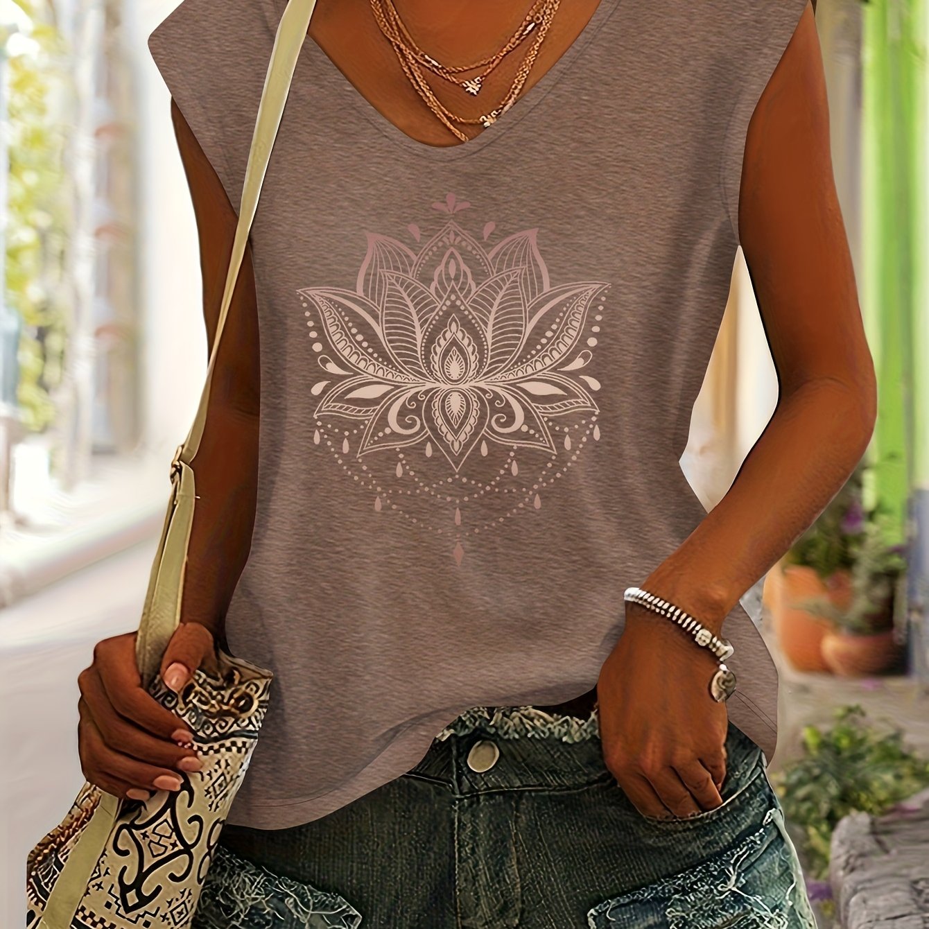 E-shop Lotus Muster Druck Western Style Damen Easy Casual Bequemes V-Ausschnitt Camisole-Style Kurzarm T-Shirt