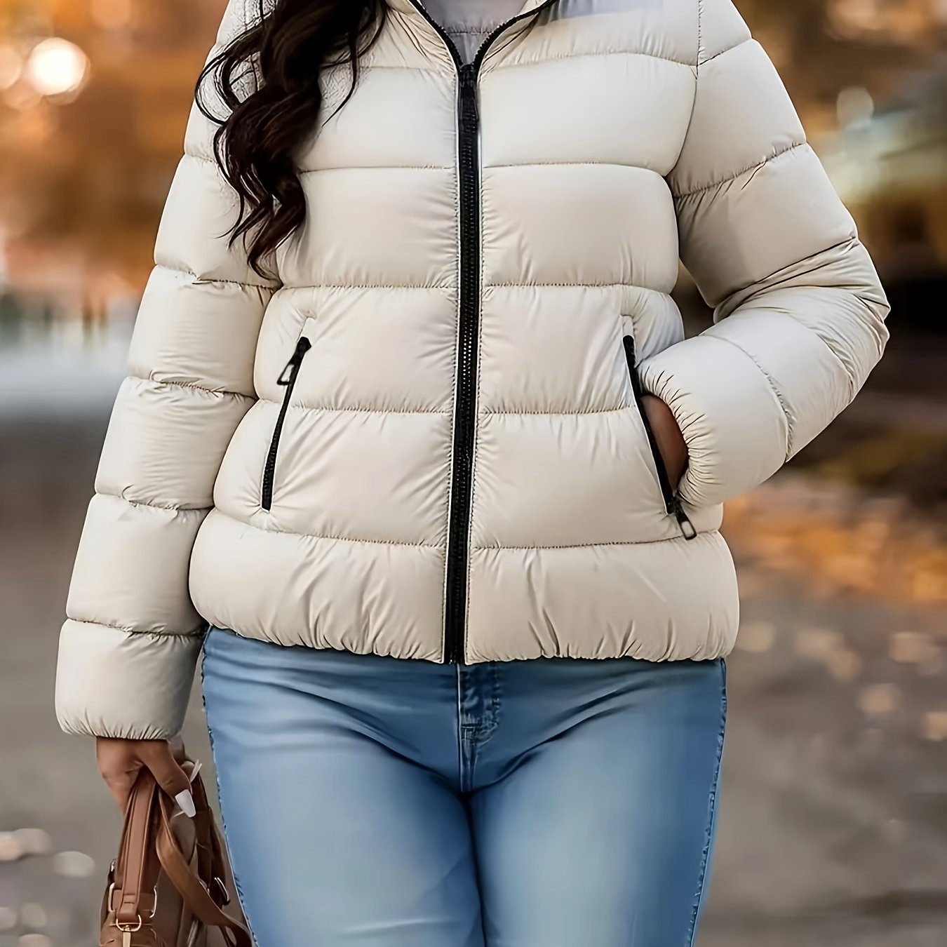 TEMU [european Size] Women's Elegant Winter Warm Full-zip Jacket, Full Front Closure, A- And Stand Collar - Coat With Mid-length Zipper, Machine