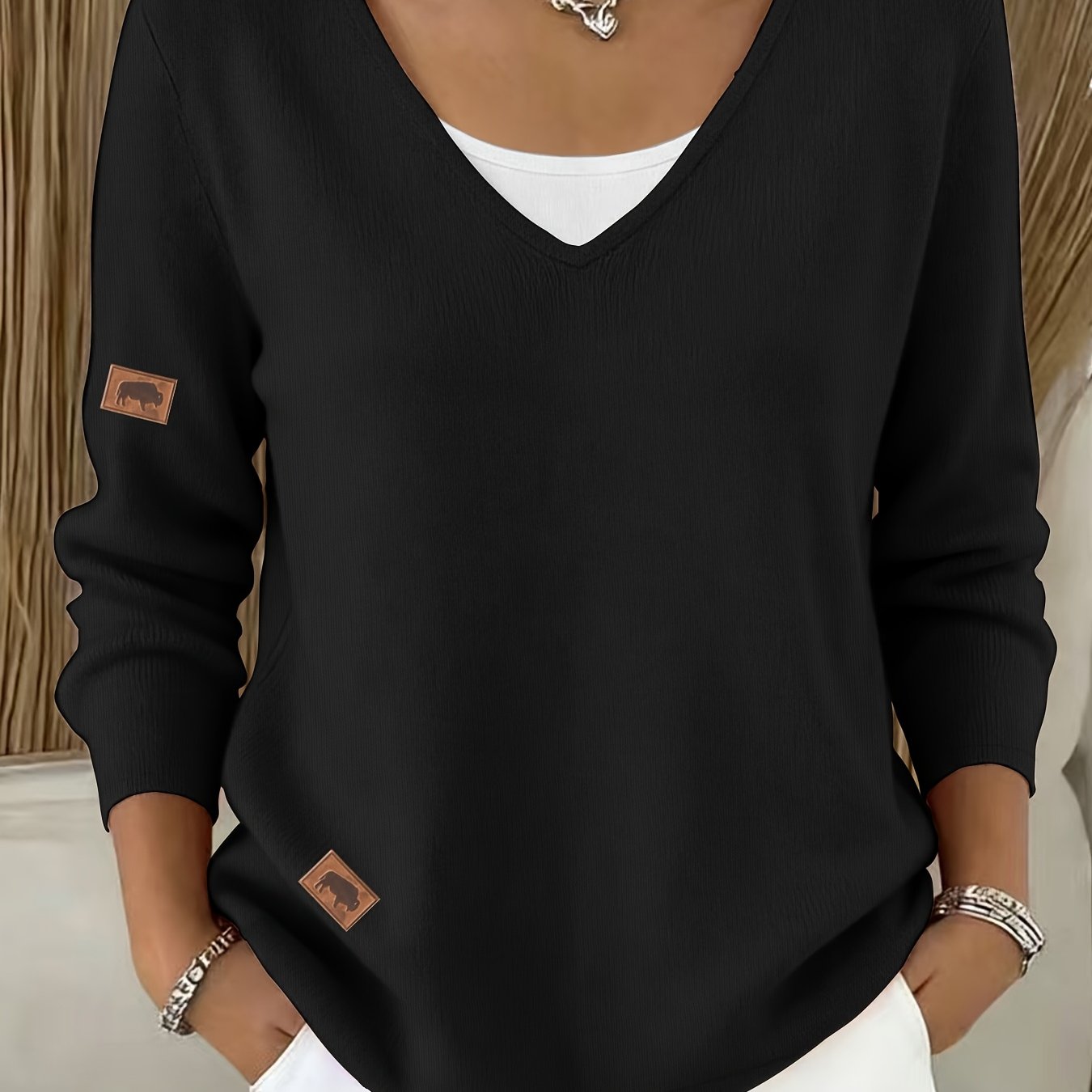 TEMU Stretchy V-neck Long-sleeve Pullover Sweater For Women, Suitable For Commuting And , With A Slightly Stretchy Textured Fabric And Printed Design