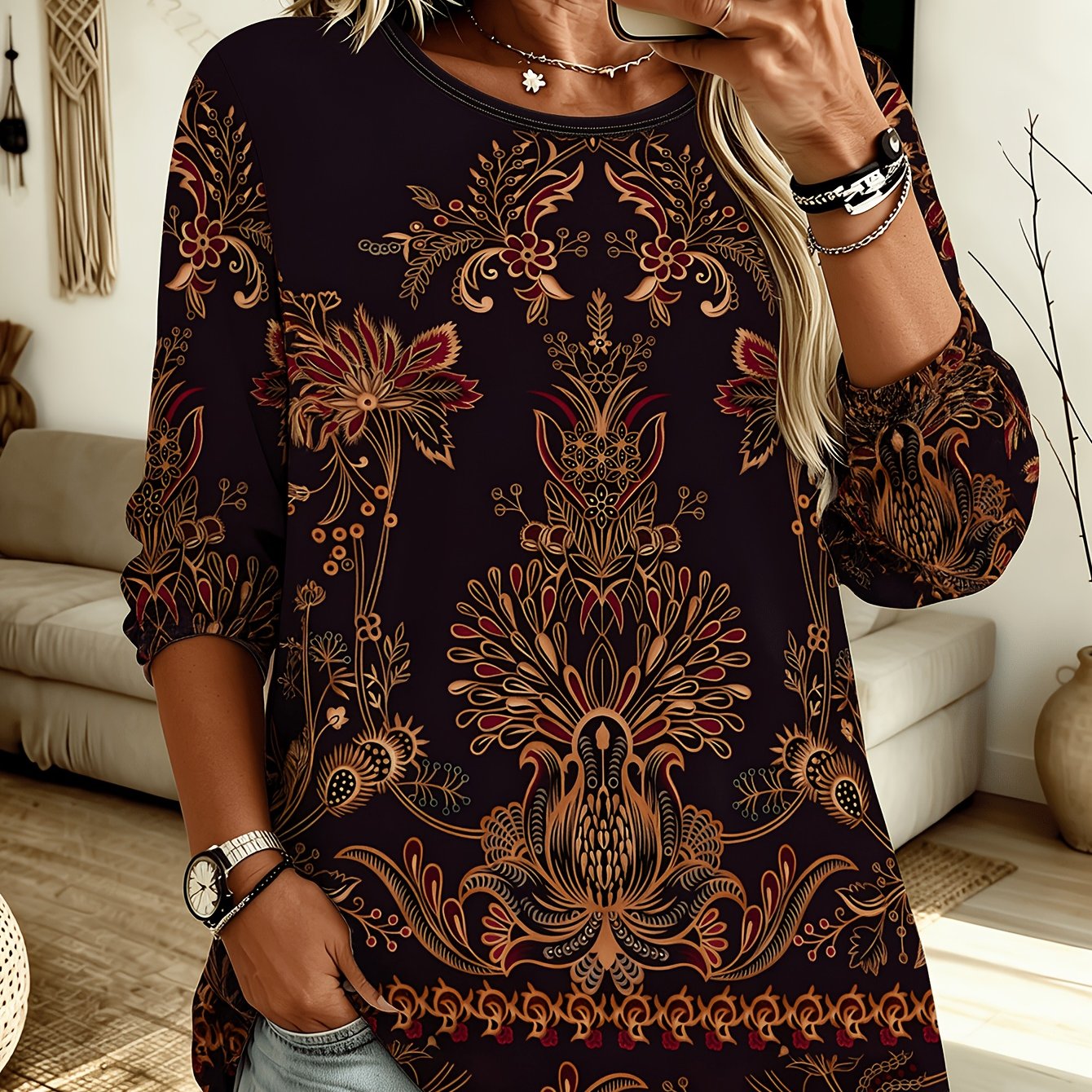 TEMU Women's Autumn And Winter Plus Size Women's Fashion Printed Casual Large Round Neck Long-sleeved T-shirt, Casual Long T-shirt Top, Loose A-line