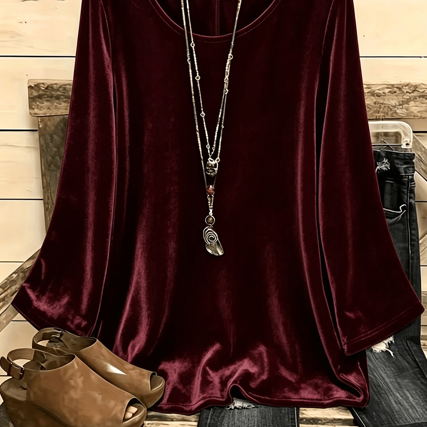 TEMU Plus Size Women's Casual Vacation Solid Color Round Neck Long Sleeve Velvet Shirt (no Additions Included)