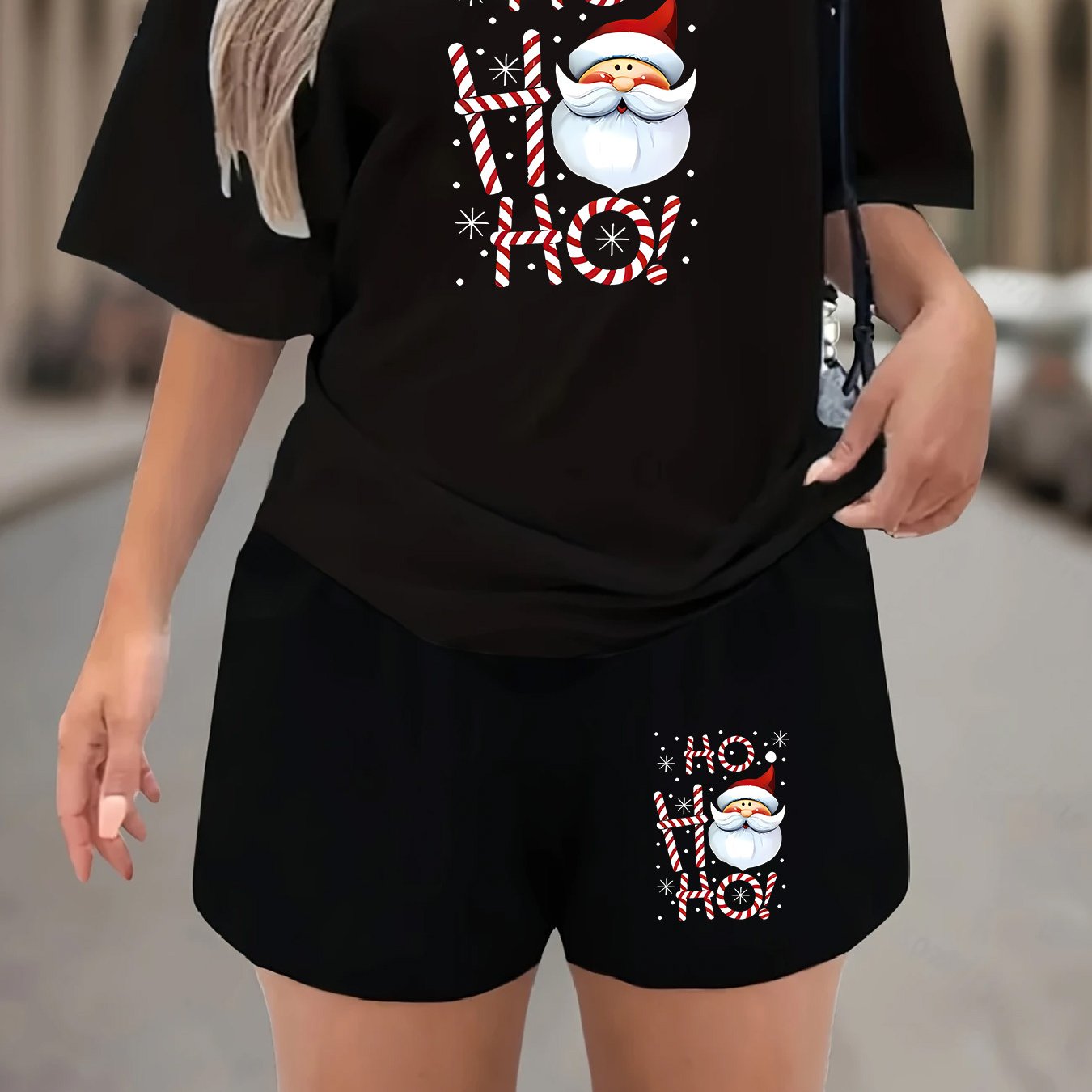 TEMU Plus Size, Women's Printed Casual Round Neck Plus Size Short Sleeve T-shirt And Shorts Fashion Set With Christmas " Ho" Santa Claus Pattern