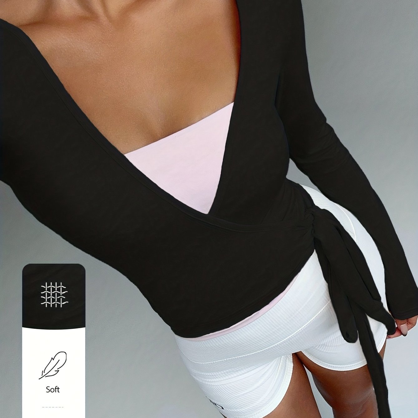 TEMU Stretchy Soft Front-open Tie-v Neck Wrap Long Sleeve Short Tight T-shirt, Fashionable Easy Casual Elegant Wardrobe Essential Women', Women's