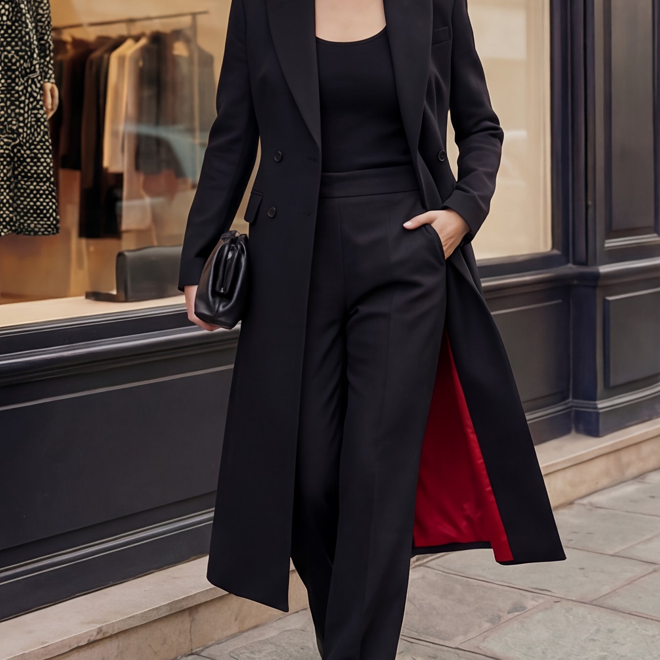 TEMU 2026 Black Double-breasted Long Blazer Trench With Red Contrast Lining And Pockets   Suit Pants With Pockets, 2pcs Set