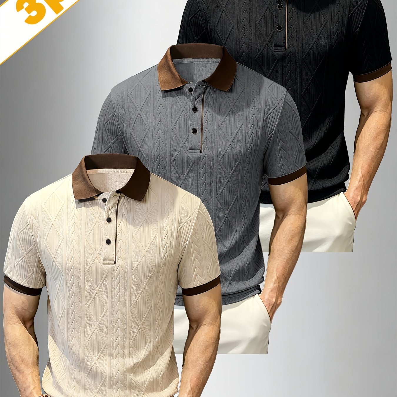 treh elegantnih moških polo z žakard vzorcem, idealne za pomlad, jesen in poletje. Izdelane iz žakard blaga, so udobne in prijazne do kože.