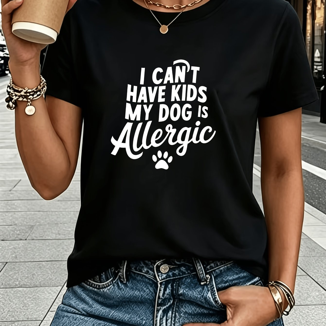 TEMU Dog Owner Fun Paw Print English Black Women's Short Sleeve T-shirt, Casual Short Sleeve, With Minimalist White Print Embellishment, Suitable For