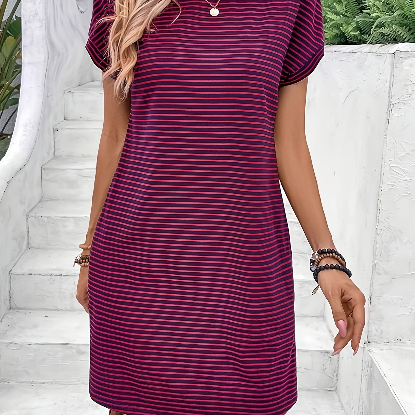 Women's T-shirt Dress Summer Round Neck Casual Striped Short Sleeve T-shirt Dress Short T-shirt Dress
