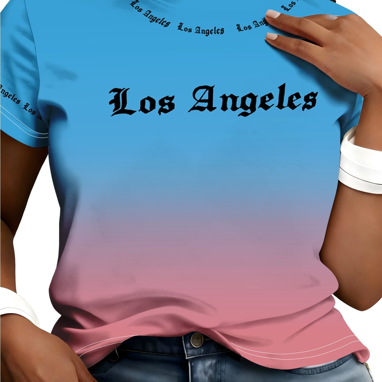 TEMU Blue And Pink Gradient Color Scheme, With Transition ; The Front Features A Large Black "los Angeles" Letter Print, It An Overall European And